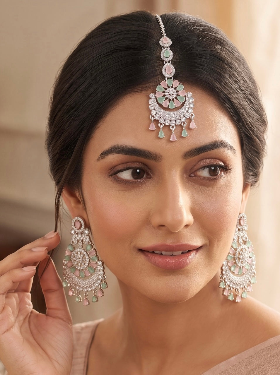 Indian Pakistani Afghan American Diamond Earrings with Maang Tikka Set | Bridal Chandbali Earrings | Wedding Jewelry Gift | 6 Color Options