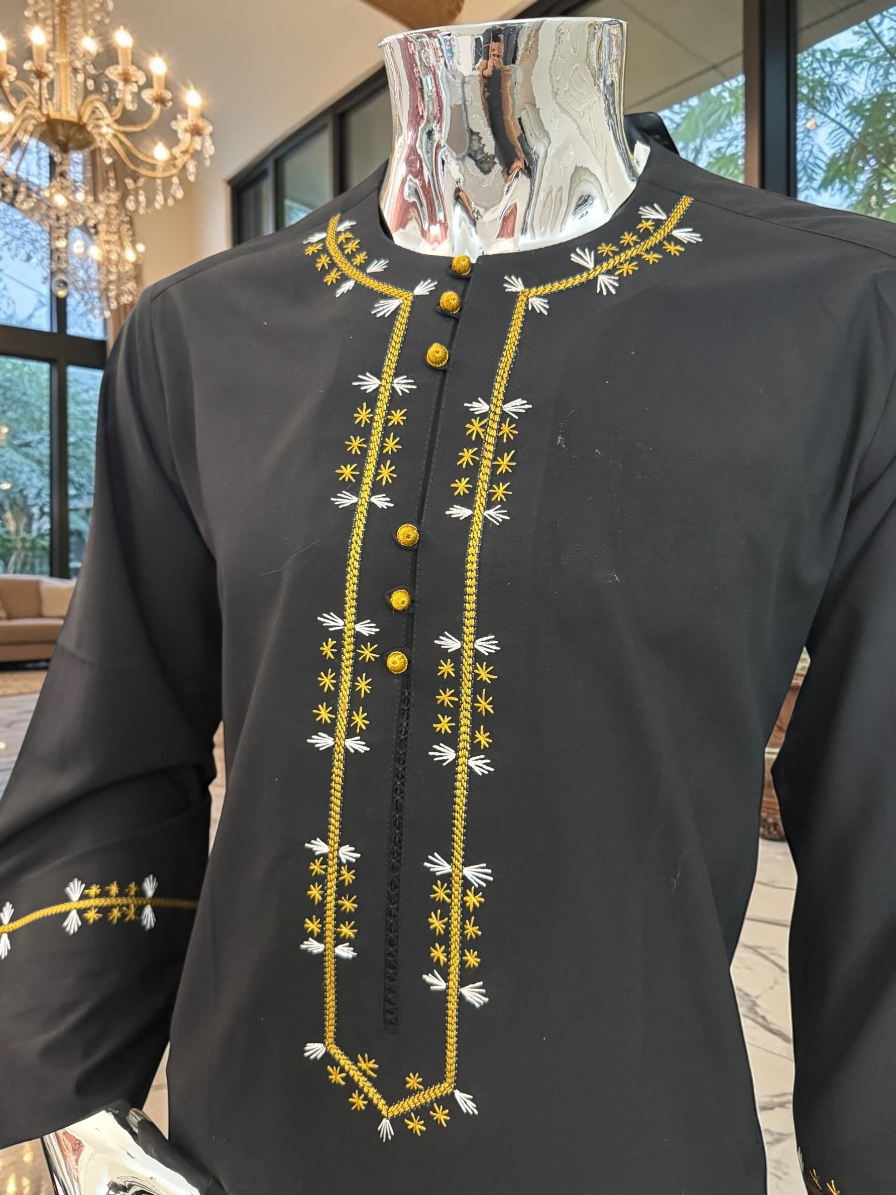 Black Embroidered Afghan Parahan Tunban for Men | Gold & White Detail