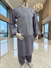 Men’s Grey Parahan Tumban with Matching Machine Embroidery – Traditional Afghan Outfit, Medium