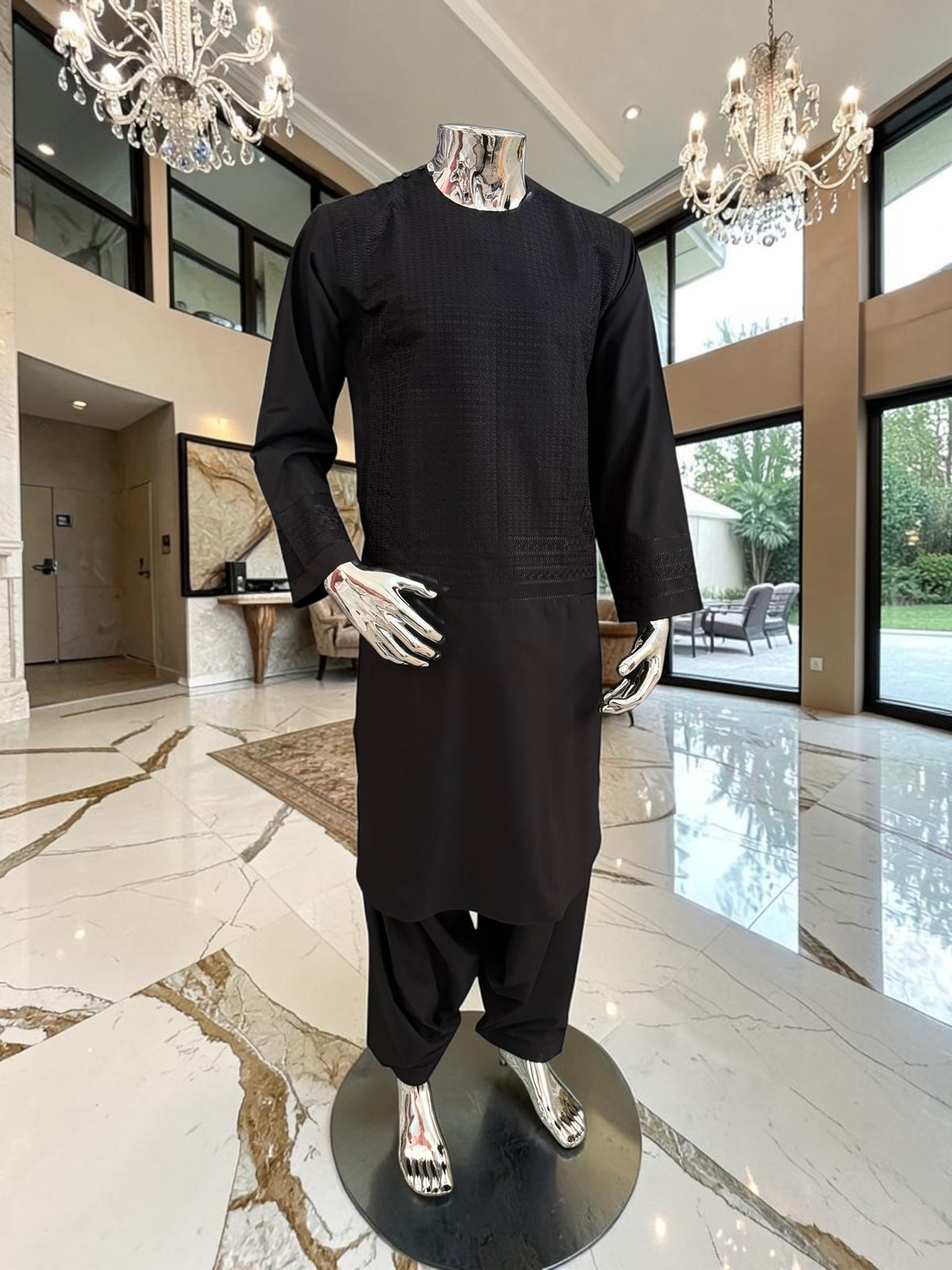Medium Black Afghan Kameez with Machine Embroidery | Traditional Men’s Parahan Tunban
