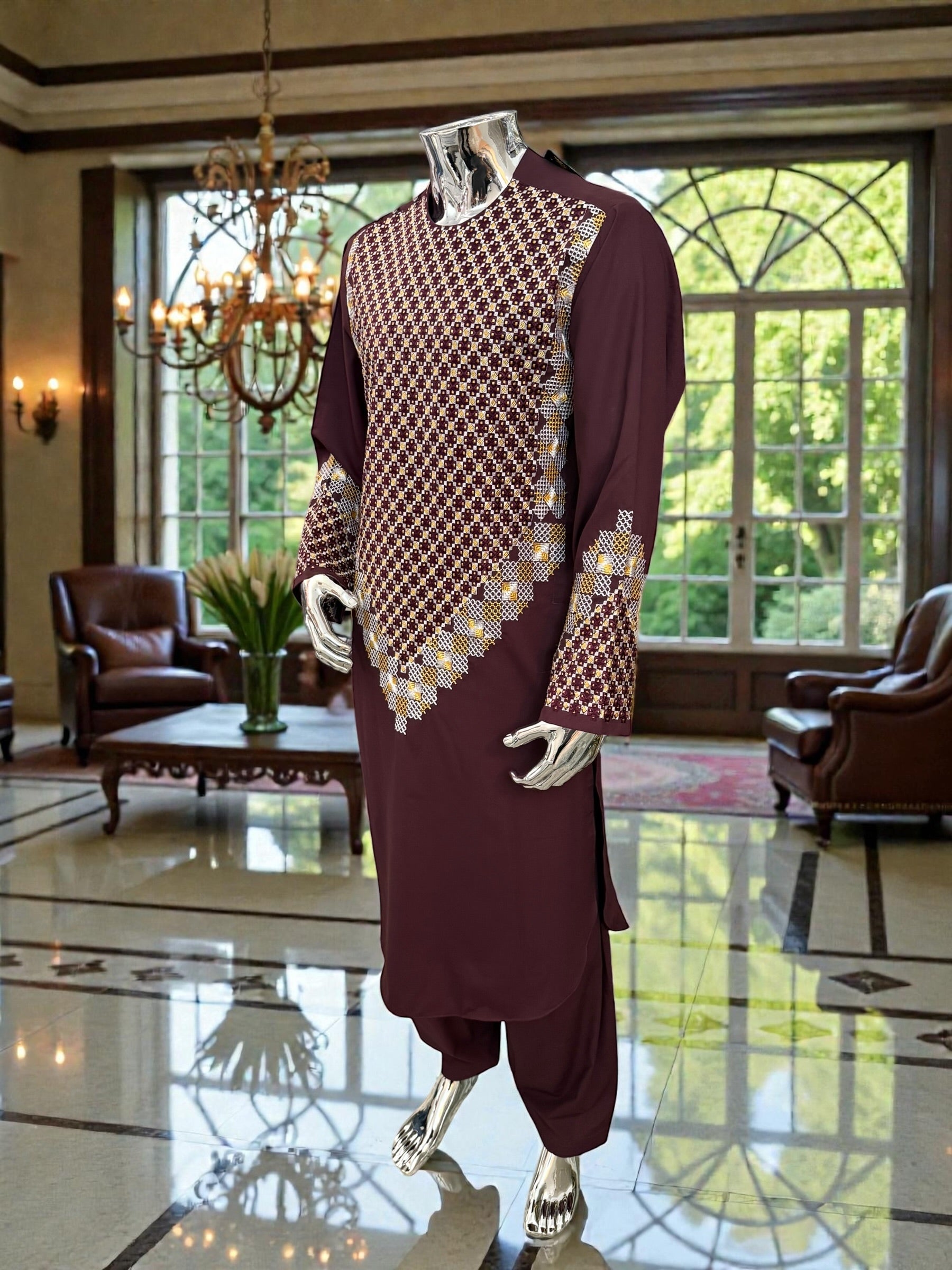 Men’s Maroon Kameez with Gold and White Machine Embroidery – Large Tall | Luqmaan Boutique