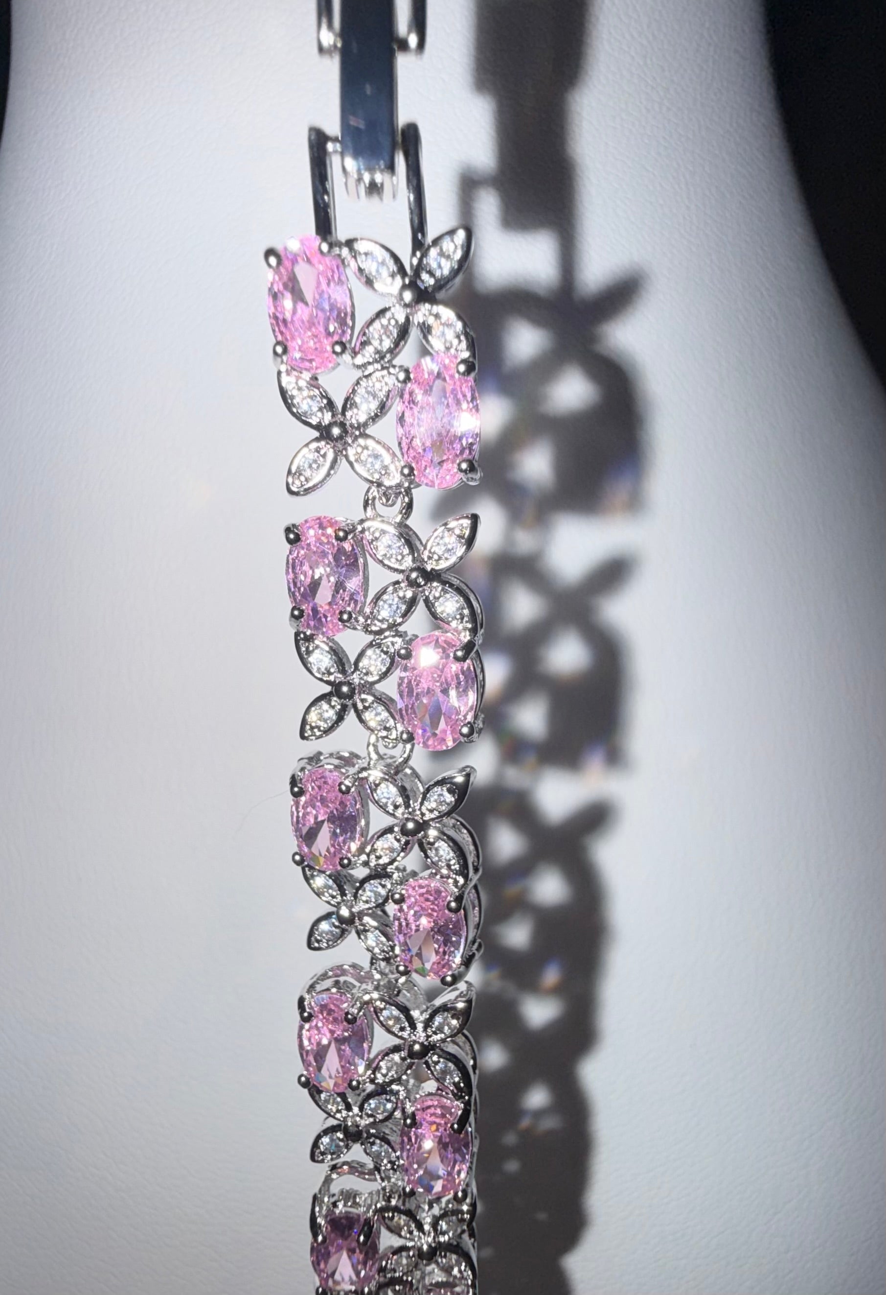Light Pink Crystal Floral Bracelet – Silver Tone Oval Stone Flower & Leaf Bracelet, jewelry Gift Box Included 7075