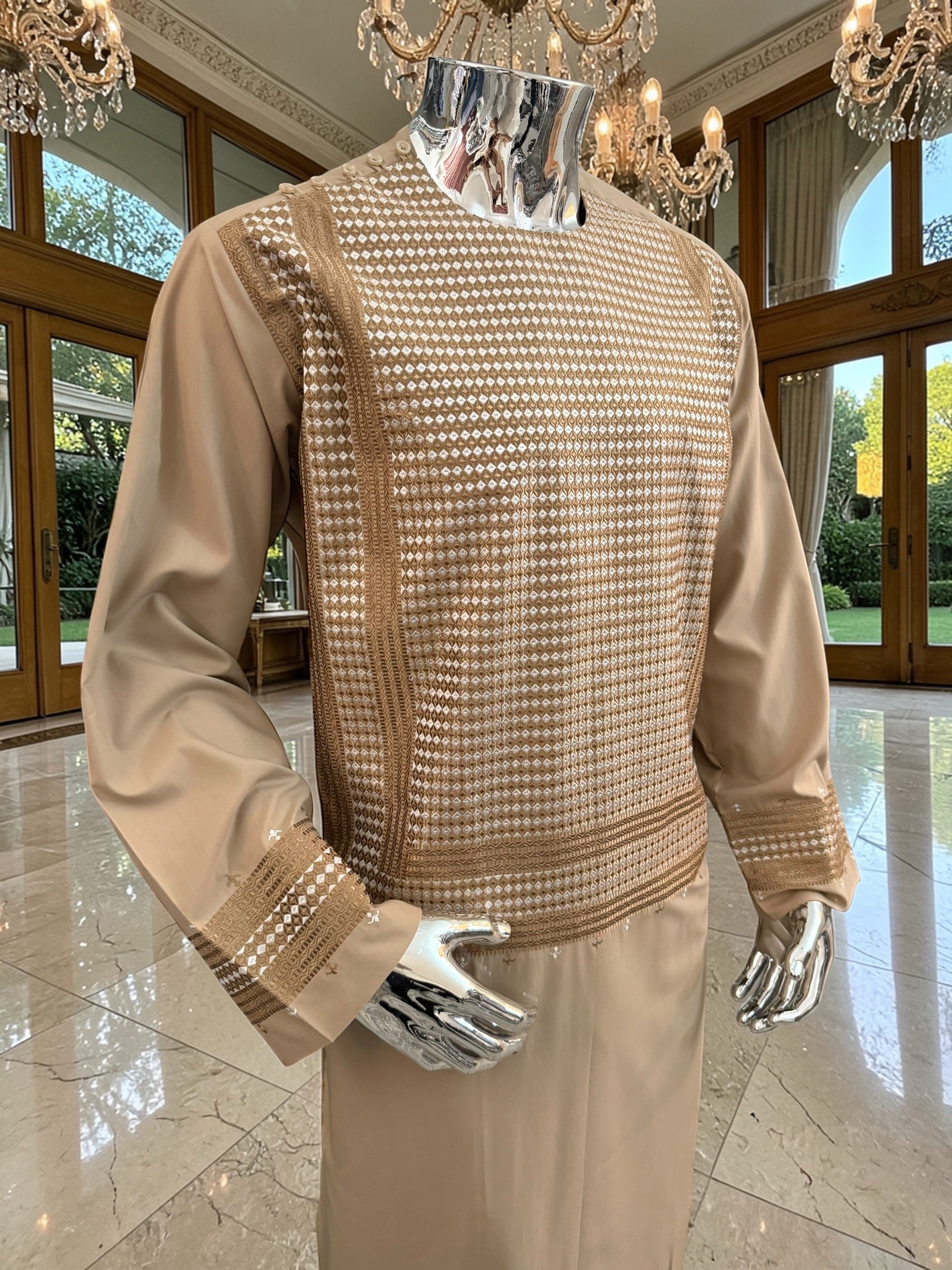 XL Beige Embroidered Afghan Parahan Tumban – Cotton-Blend Traditional Men’s Outfit | Luqmaan Boutique
