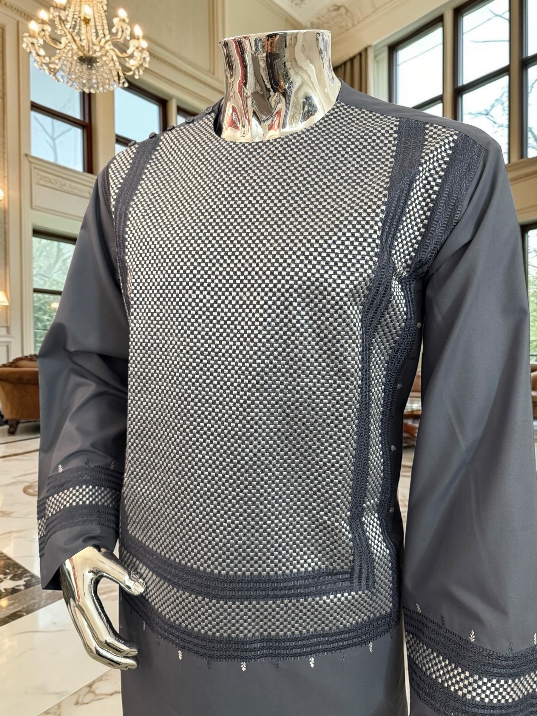 X-Large Charcoal Grey Men’s Shalwar Kameez Yakhandozi with Matching Grey and White Geometric Embroidery | Premium Traditional Wear