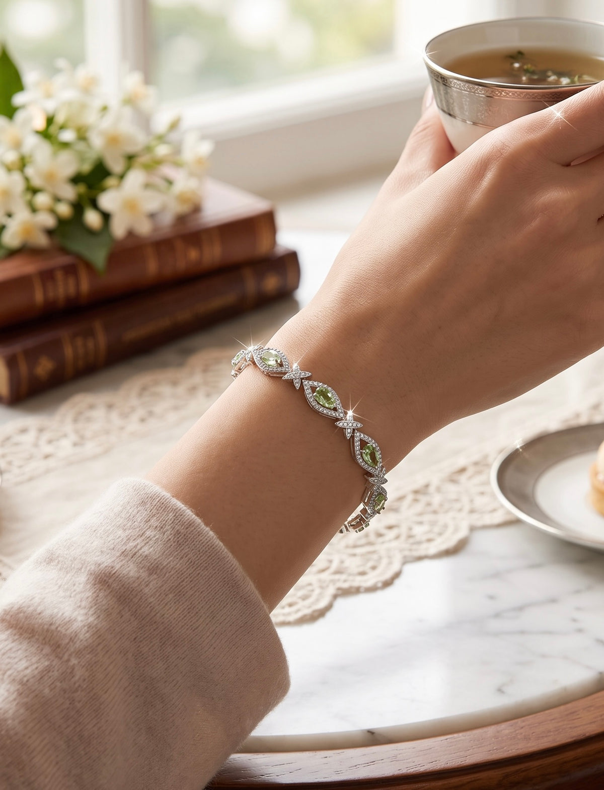 Light Green Teardrop Crystal Bracelet – Silver Tone Halo Link Statement Jewelry 7083