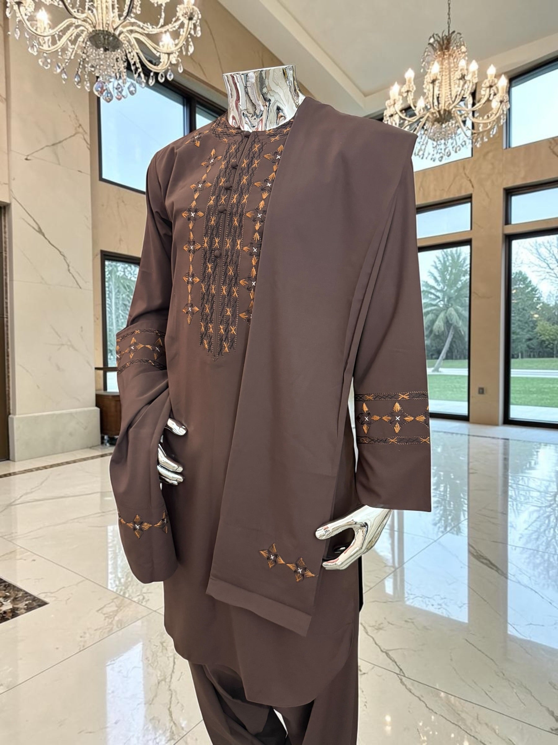 Men’s Chocolate Brown Embroidered Afghan Parahan Tunban 3-Piece Set with Shawl | Small–X-Large