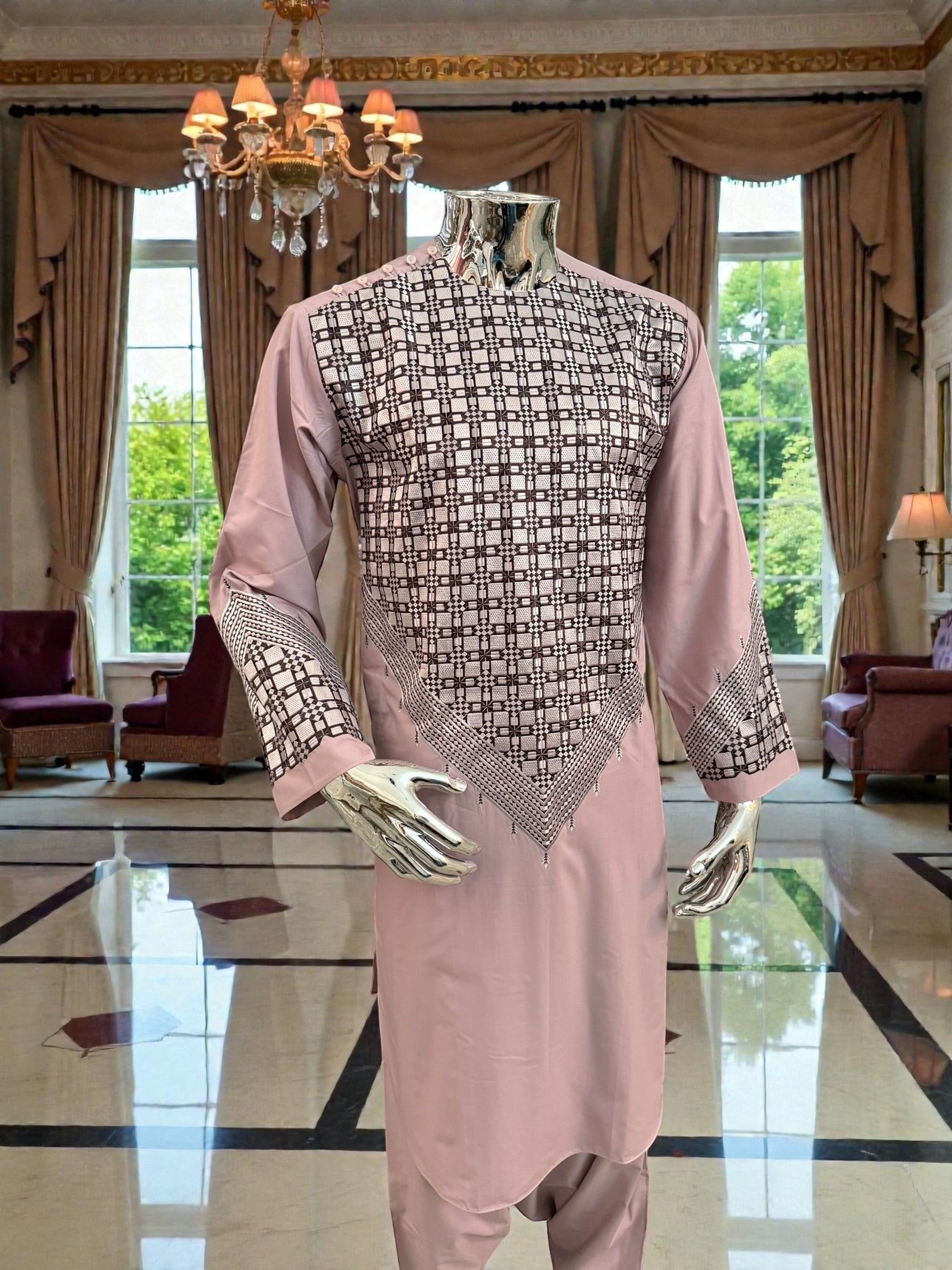 Small Men’s Dusty Rose Parahan Tumban with Black and Silver Geometric Embroidery – Afghan Traditional Outfit