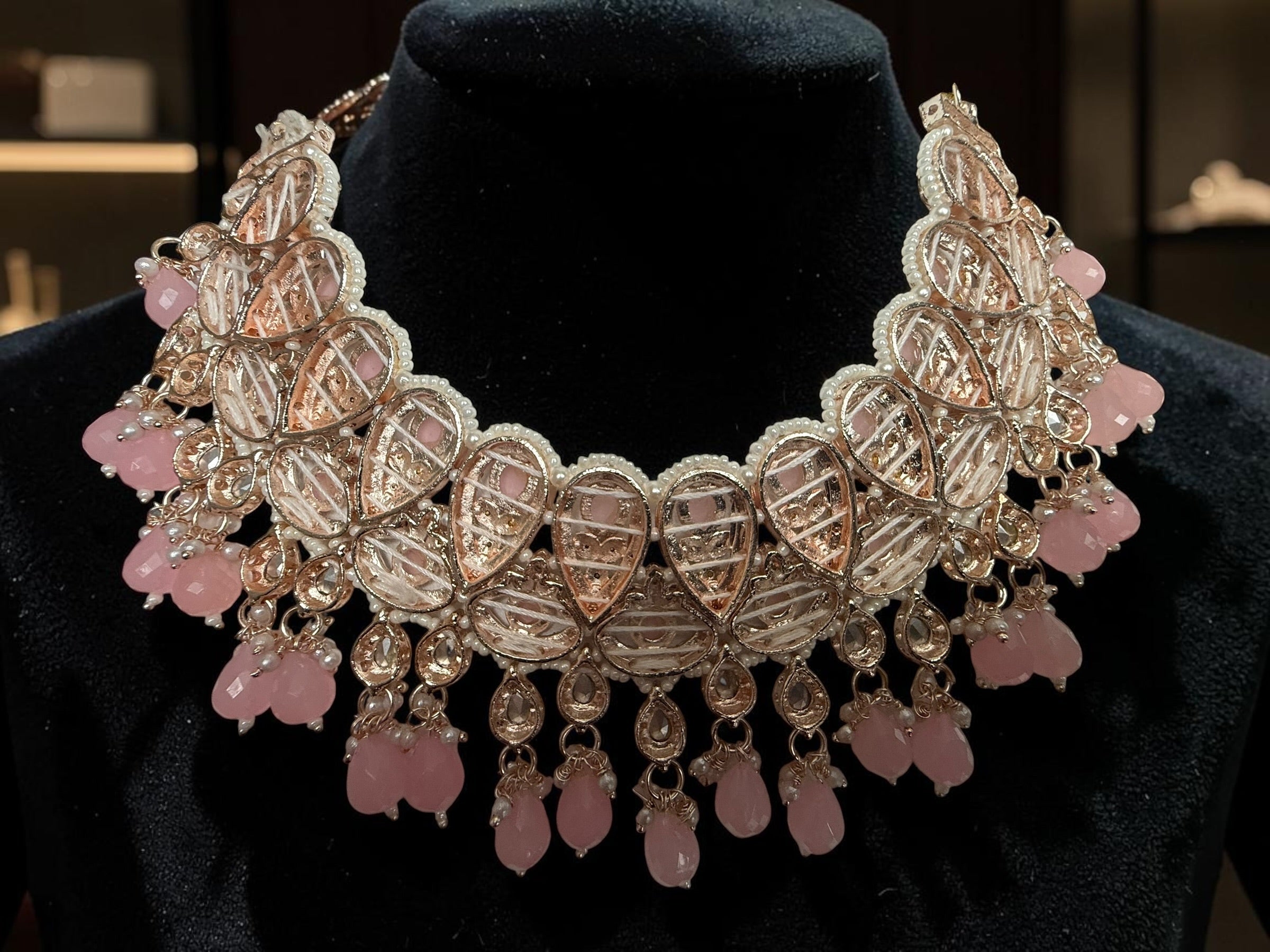 Blush Pink Kundan Bridal Jewelry Set with Earrings & Maang Tikka | Rose Gold Indian Pakistani Afghan Wedding Necklace | Jewelry Gift Box Included 6049