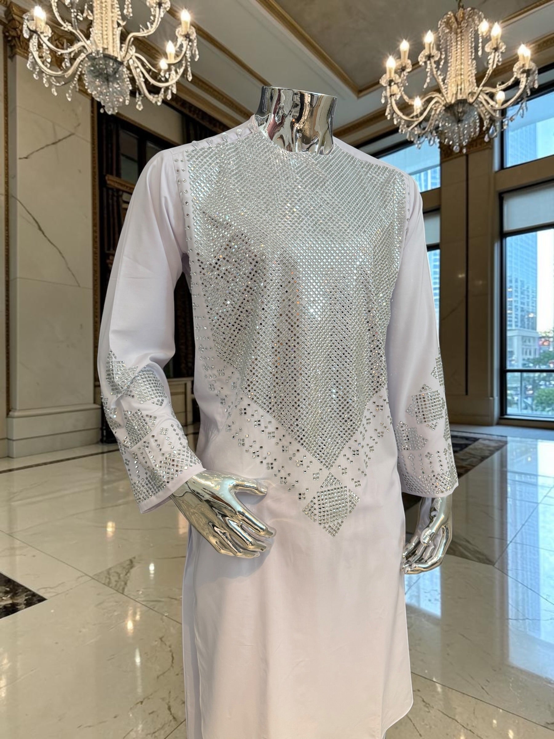 Medium White Cotton-Poly Shesha Mirror Work 2-Piece Afghan Outfit – Traditional Men’s Wear