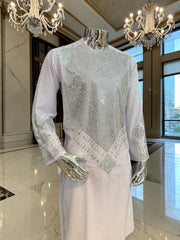 Medium White Cotton-Poly Shesha Mirror Work 2-Piece Afghan Outfit – Traditional Men’s Wear