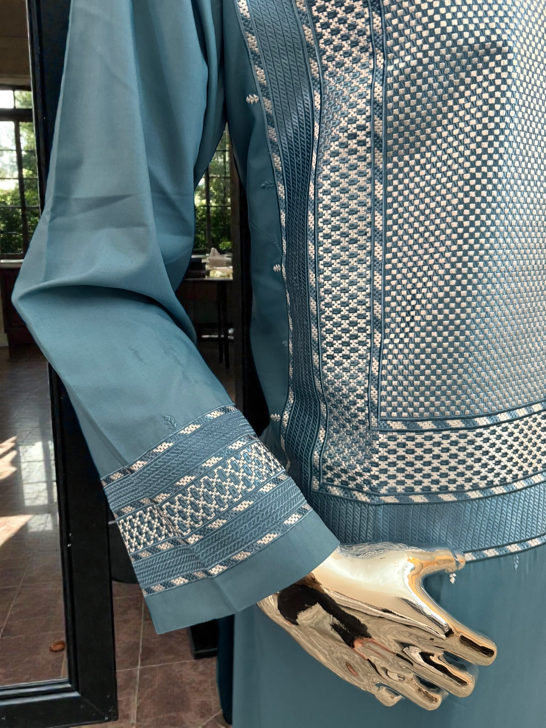 Medium Turquoise Blue Afghan Kameez with White Khamakdozi Embroidery