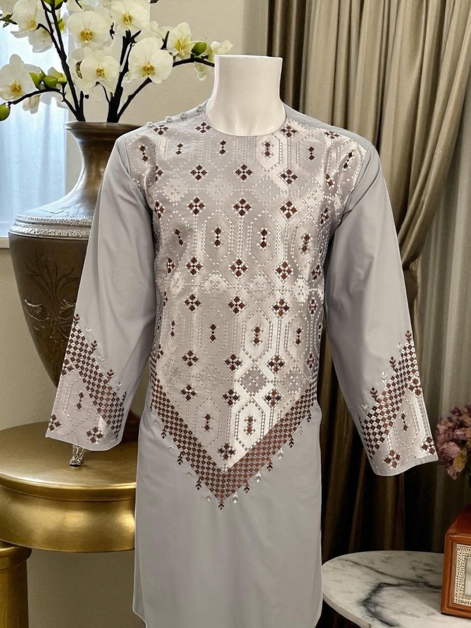 Men’s Light Gray Traditional Kameez with Brown and Silver Machine Embroidery – Large