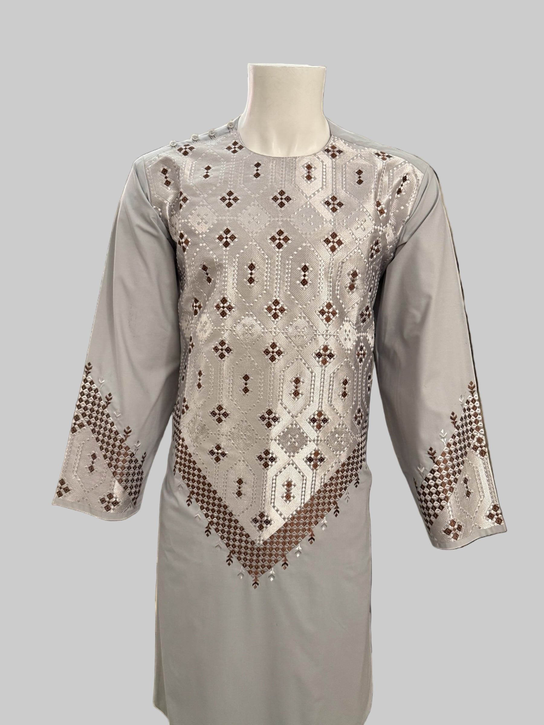 Men’s Light Gray Traditional Kameez with Brown and Silver Machine Embroidery – Large
