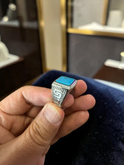 Vintage Turquoise Stone Signet Ring – Silver Tone Statement Ring