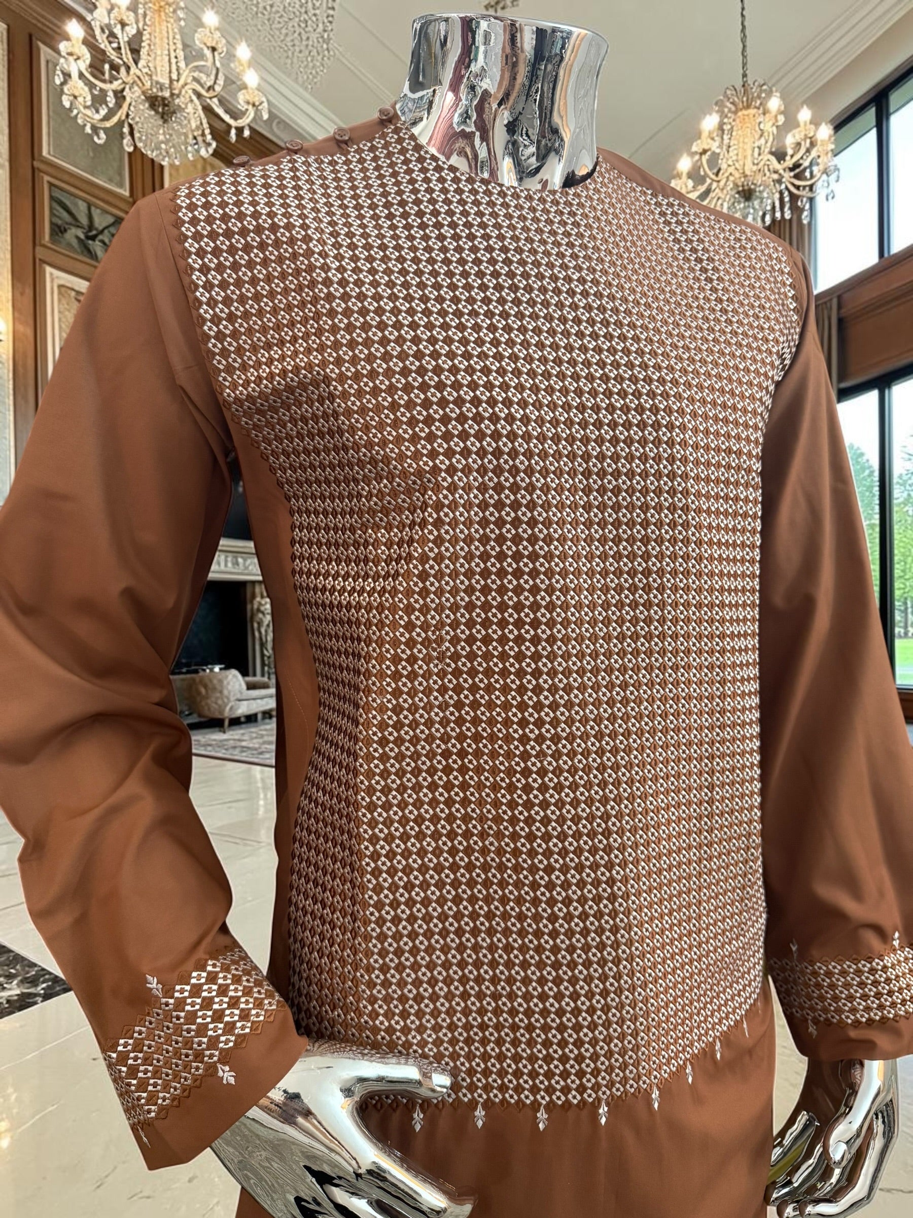 Medium Afghan Parahan Tunban Kameese Shalwar Brown Machine Embroidery