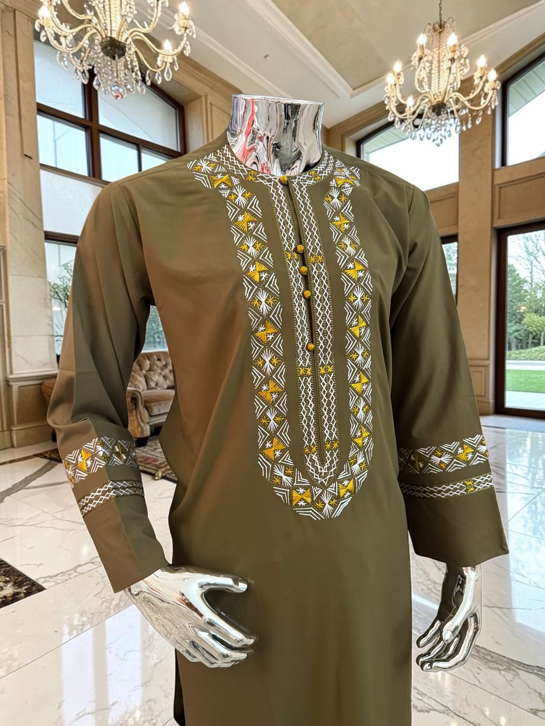 Large Olive Green Afghan Parahan Tunban Set with Traditional Hand Embroidery & Matching Scarf