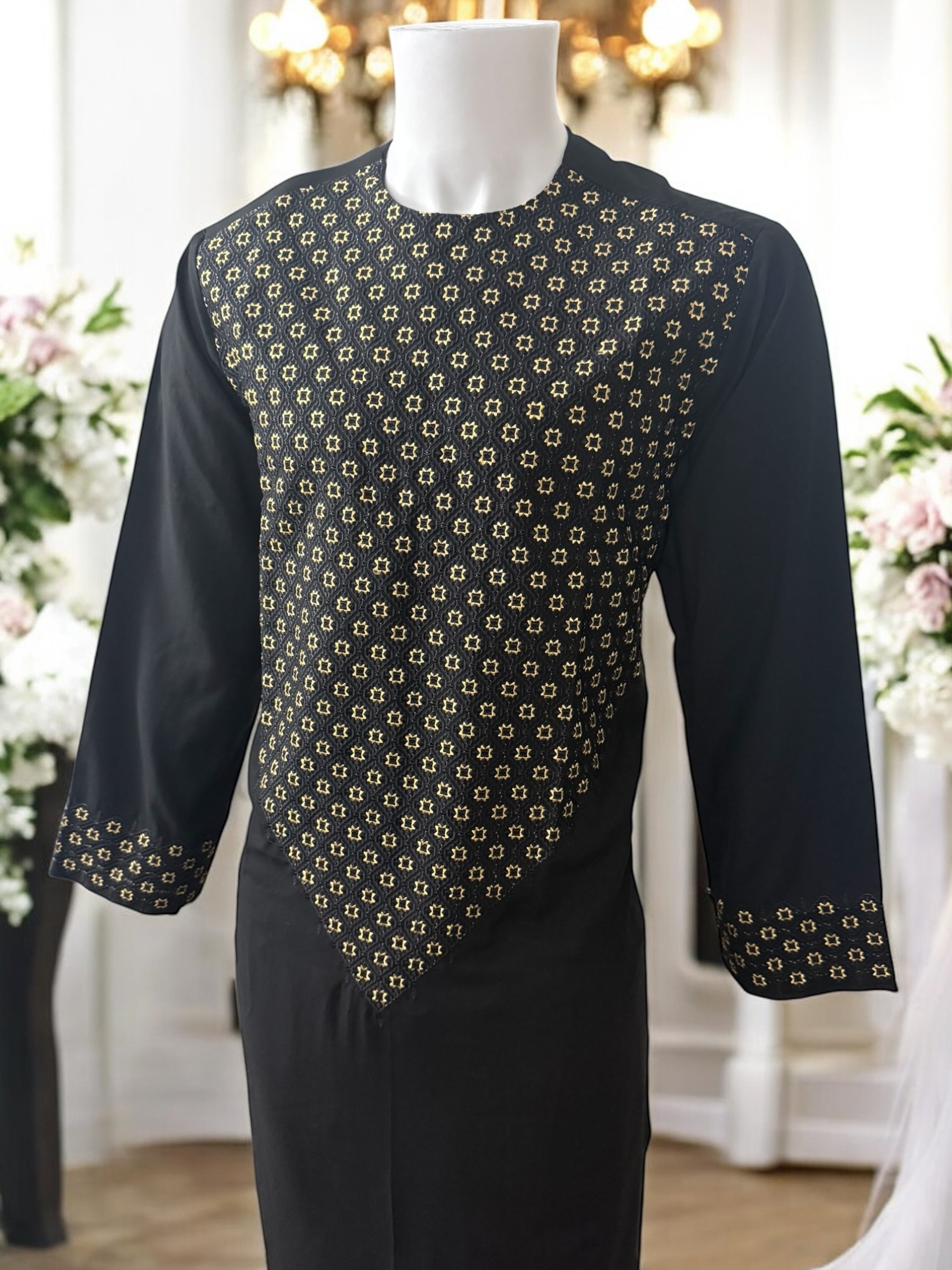 Men’s Black Parahan Tumban with Gold Embroidery Large