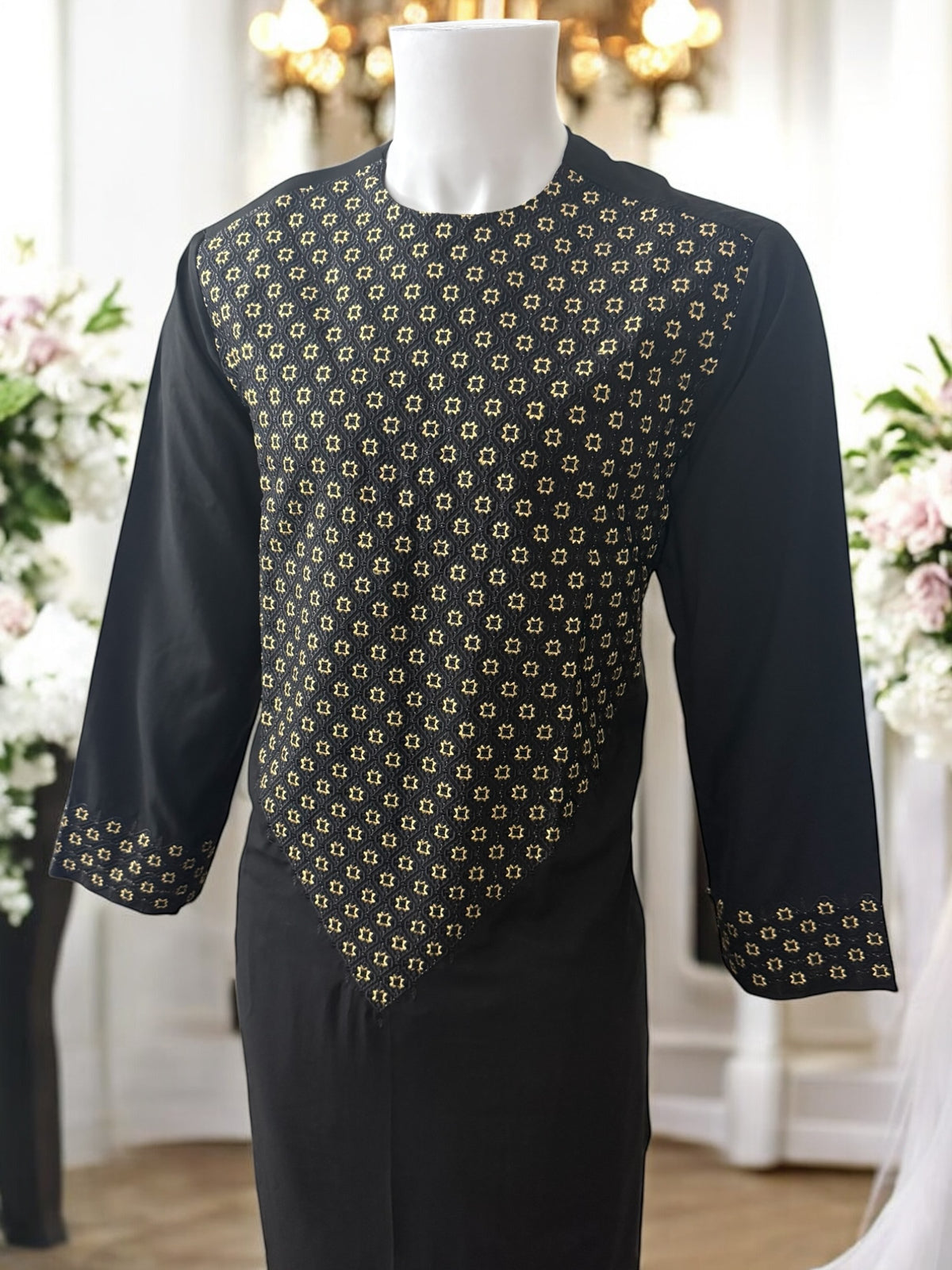 Men’s Black Parahan Tumban with Gold Embroidery Large