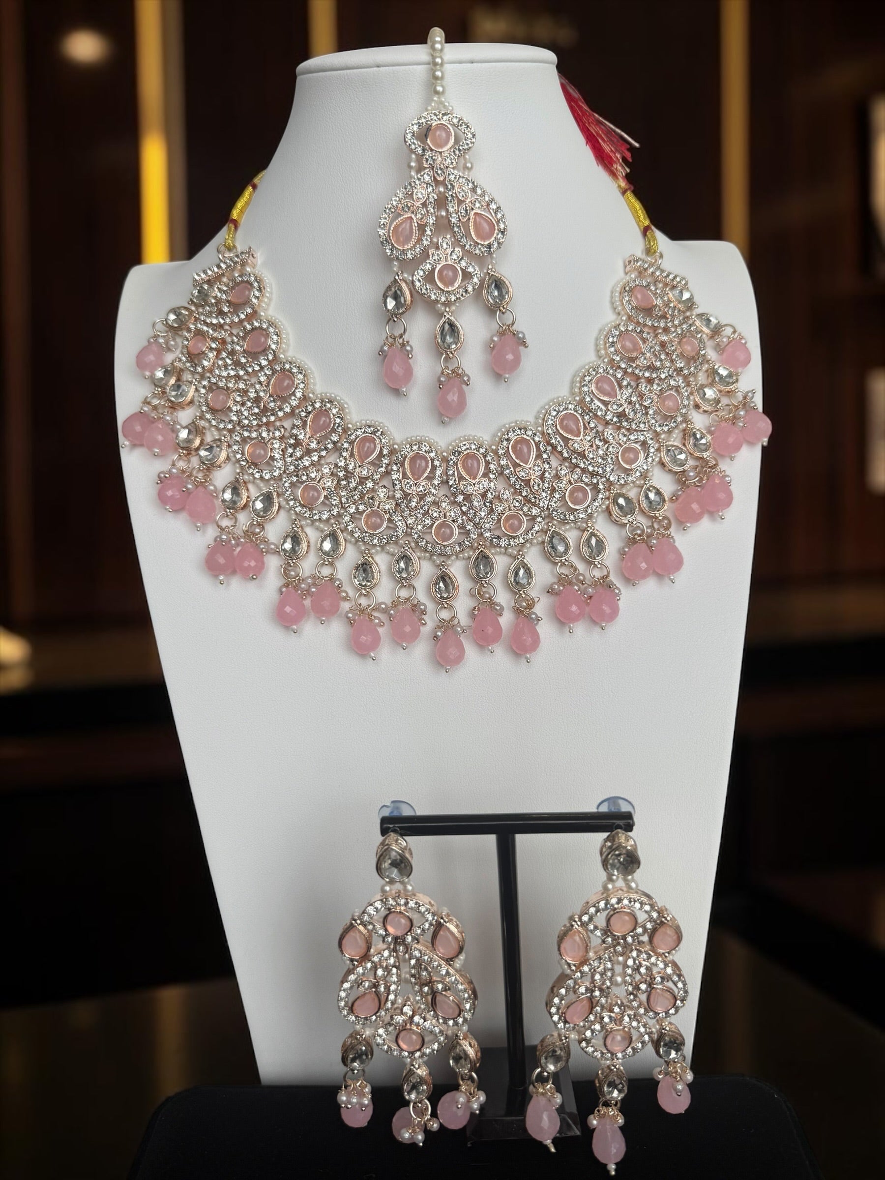 Blush Pink Kundan Bridal Jewelry Set with Earrings & Maang Tikka | Rose Gold Indian Pakistani Afghan Wedding Necklace | Jewelry Gift Box Included 6049