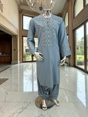 Men’s Gray Blue Embroidered Afghan Parahan Tunban with Shawl Small and Large Available