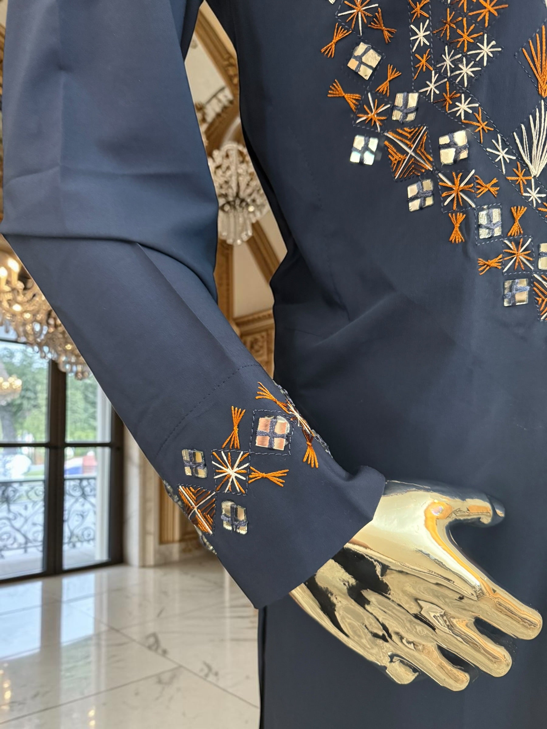 Medium Navy Blue Afghan Men’s Parahan Tunban Set – Hand Embroidery & Mirror Work with Matching Chadder/patto