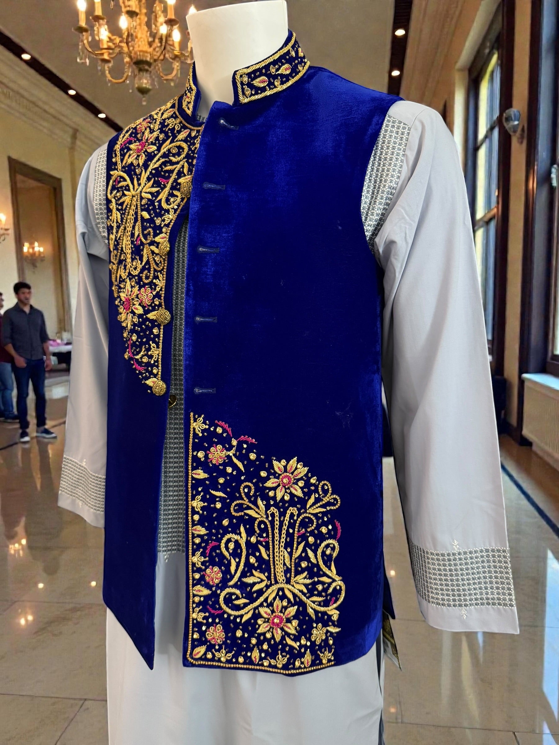 Royal Blue Velvet Vestcoat – Handmade Soma & Borr Borr Gold Embroidery | Men’s Luxury Afghan Waistcoat Medium