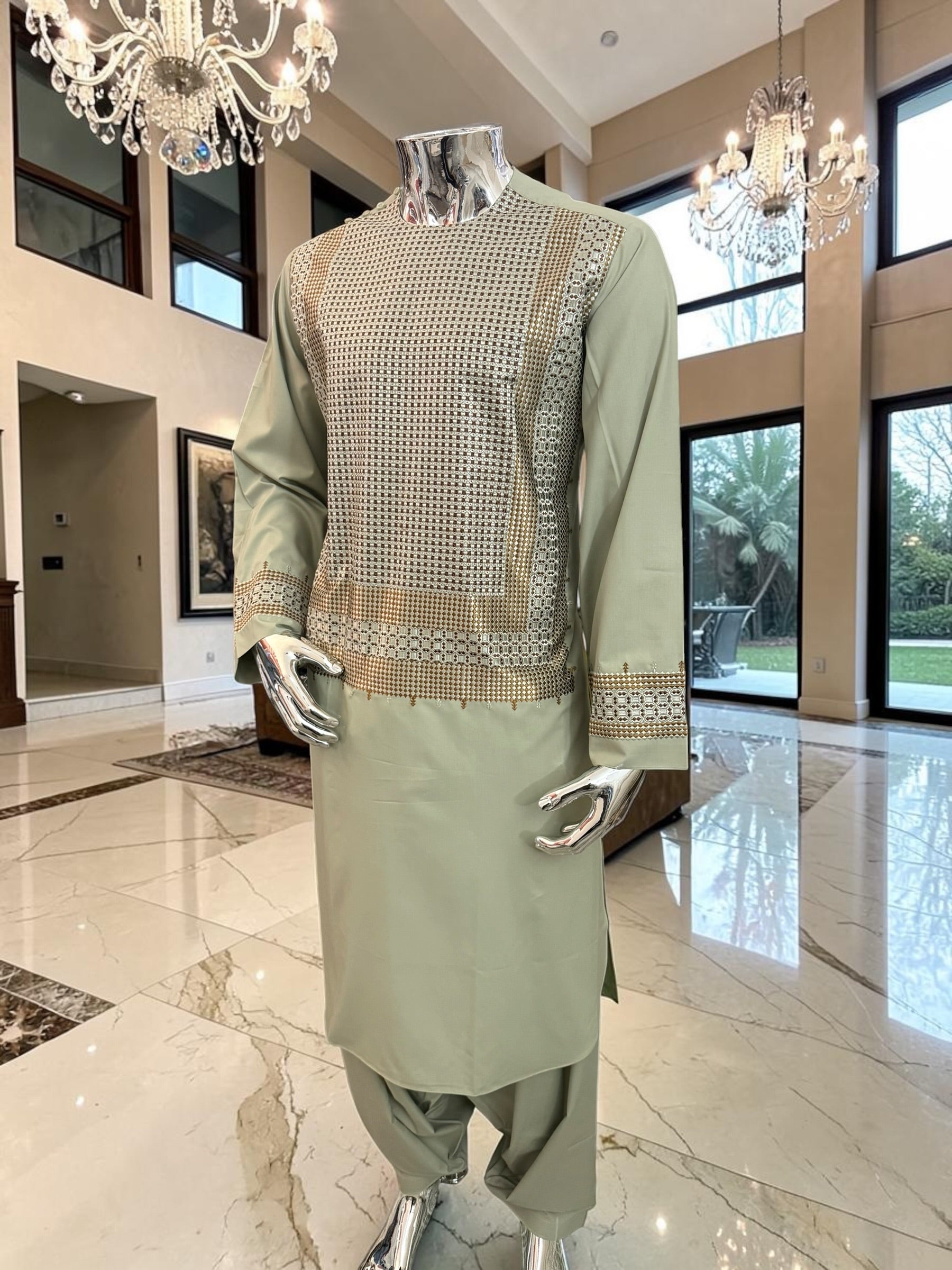 Large Sage Green Afghan Parahan Tunban with Gold and Brown Embroidery | Traditional Men’s Afghan Outfit
