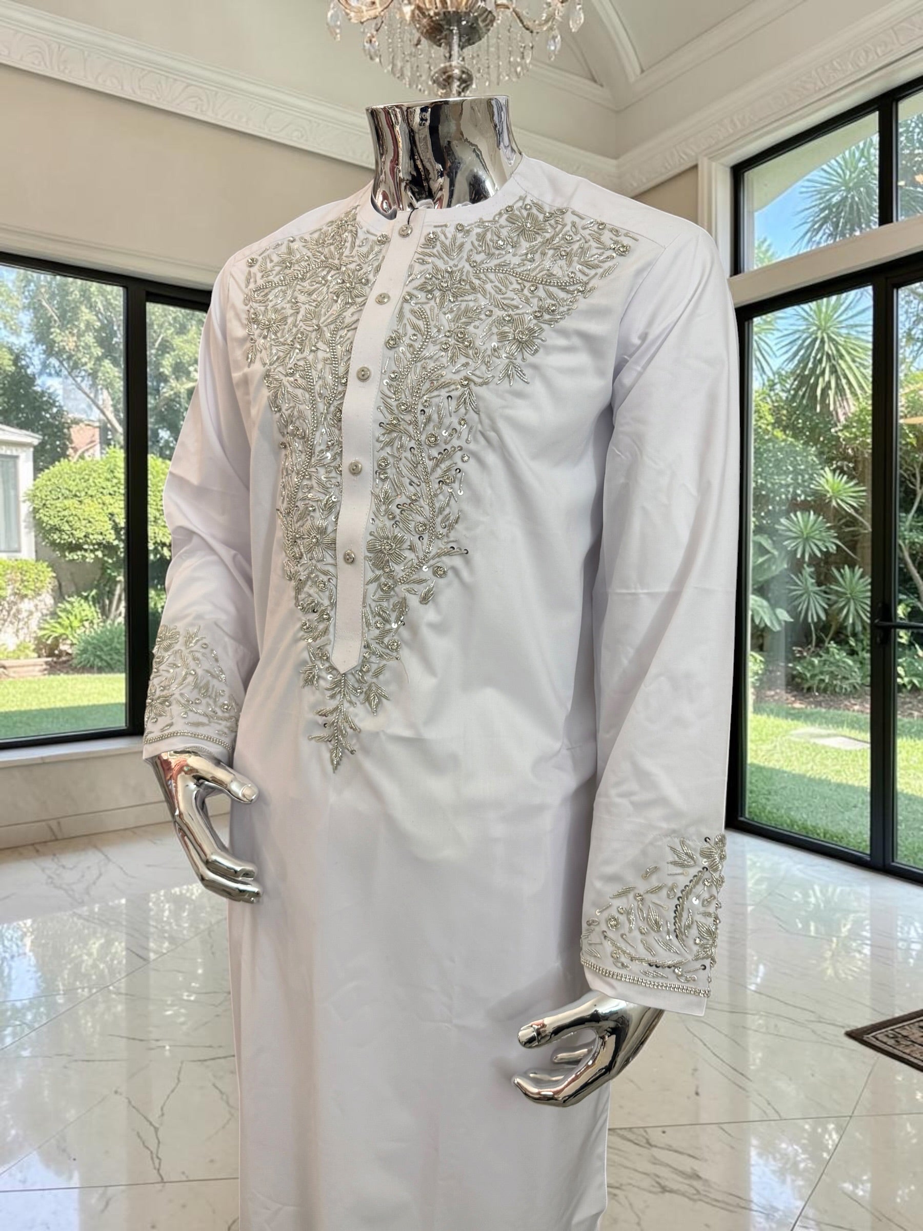 Handmade Afghan Selmadozi Embroidered Men’s Perahan Tunban – Luxury Traditional Formal Outfit – Available in Black, Ivory & White