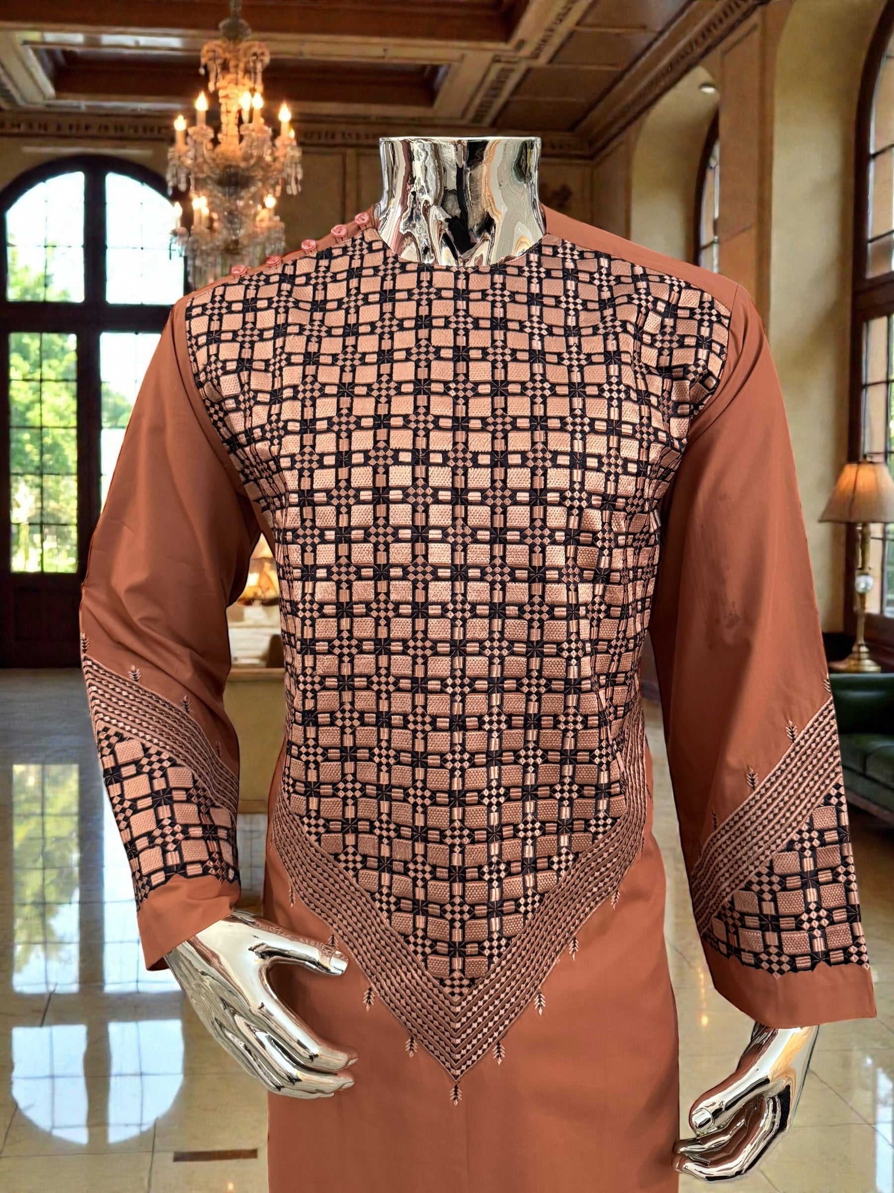 Small Men’s Caramel Brown Parahan Tumban with White & Tan Embroidery | Luxury Afghan Outfit with Matching Shawl