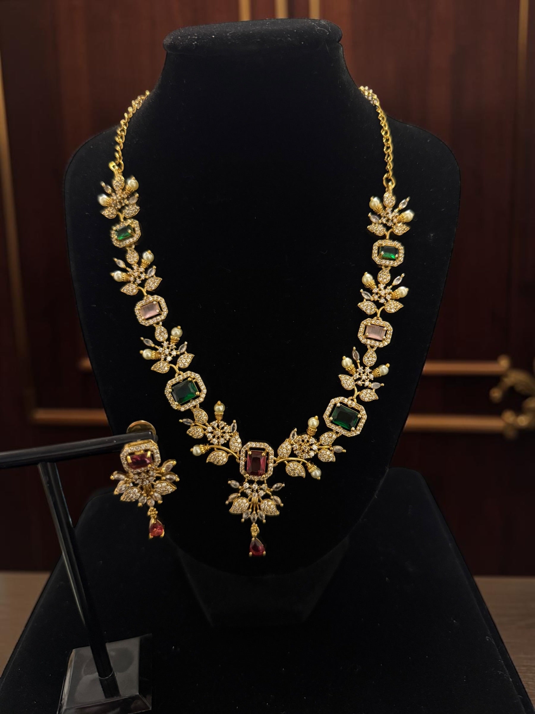 Luxury Gold Tone Green & Burgundy Crystal Floral Statement Necklace & Earrings Set |Gift-Ready Black Jewelry Box Included 6069