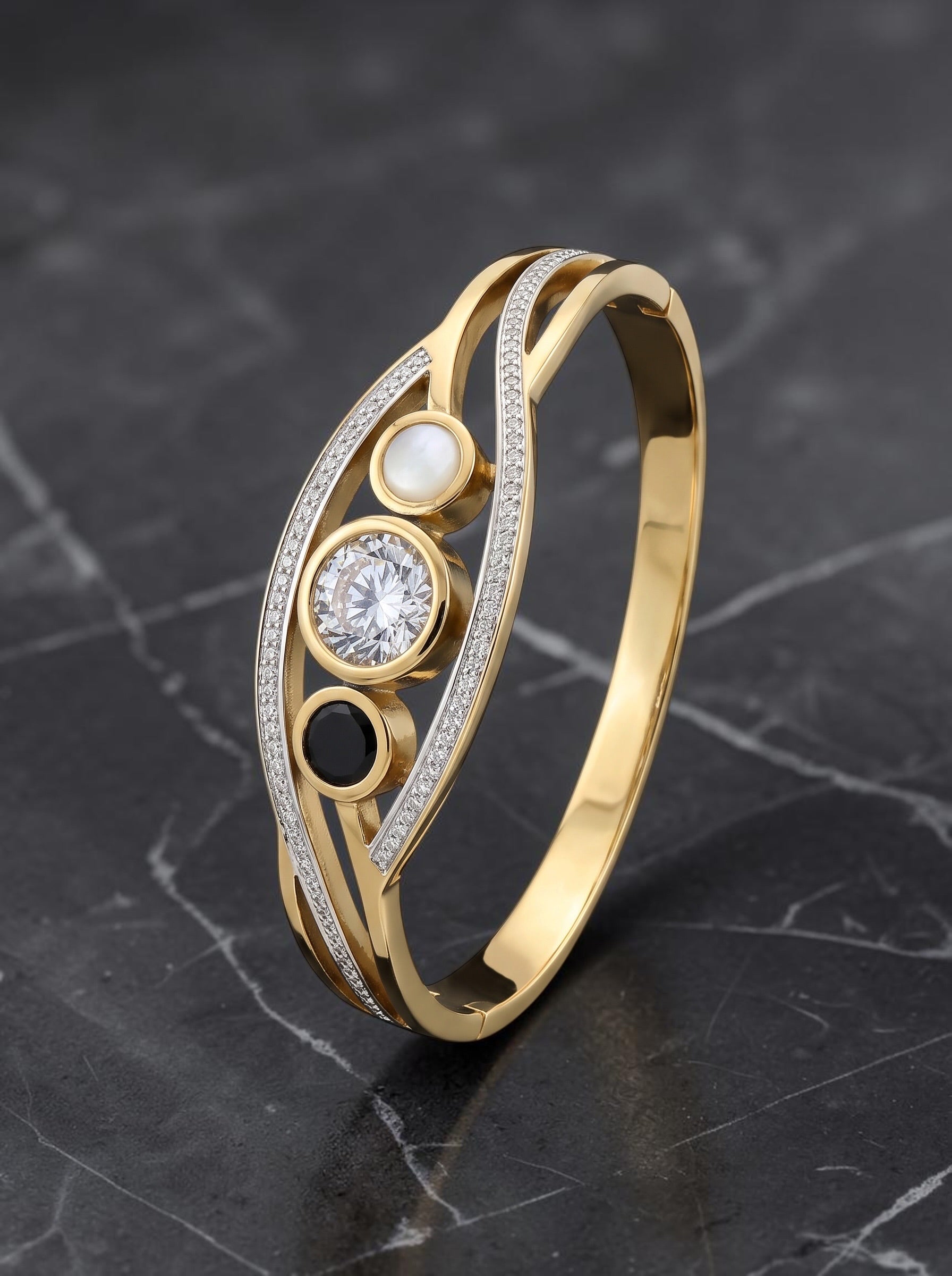 Gold-Tone Stainless Steel Three-Stone Crystal Side-Opening Bangle for Women 8023