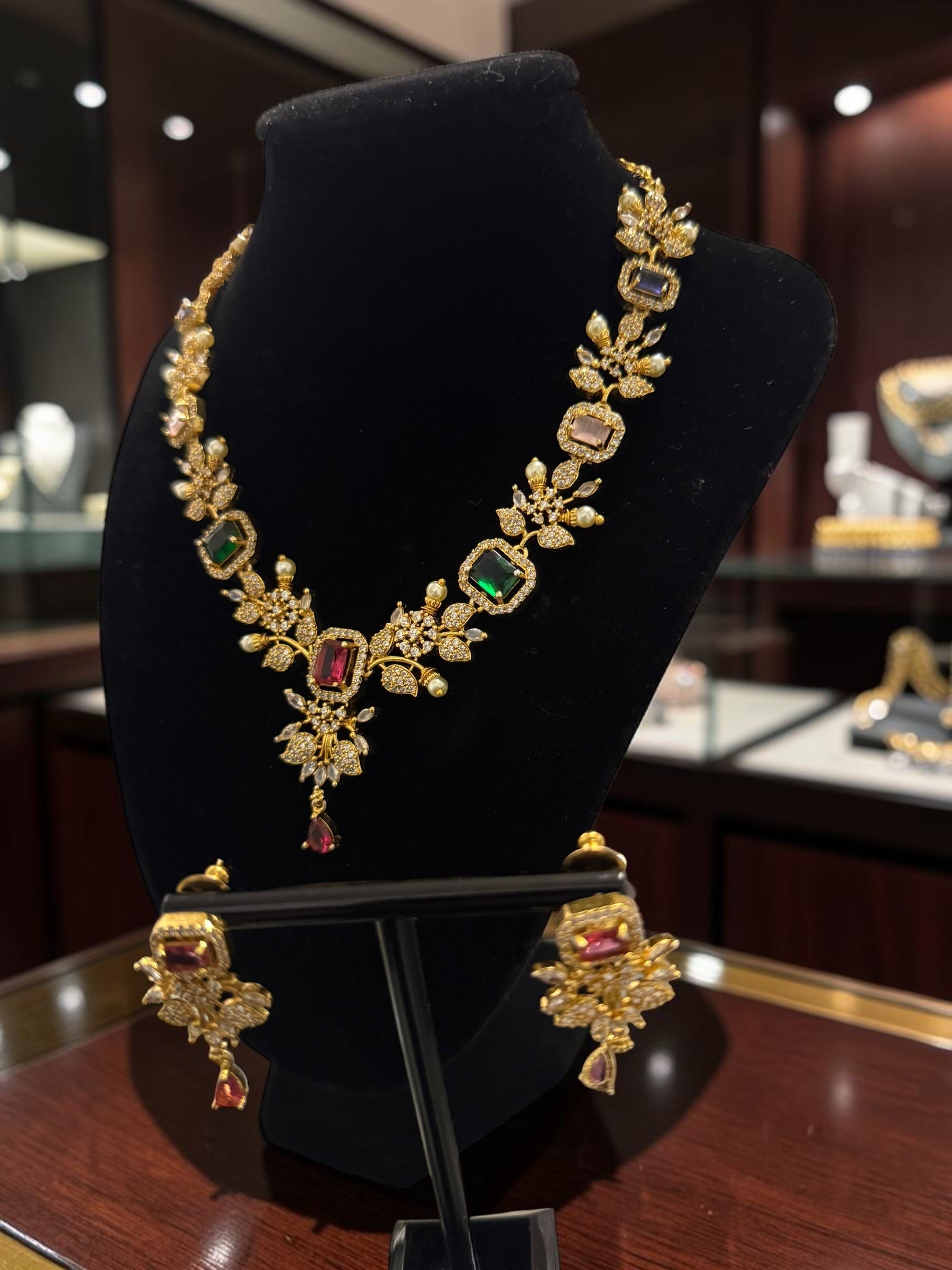 Luxury Gold Tone Floral Necklace & Earrings Set | Alloy Brass Metal | Green & Burgundy Crystal Statement Jewelry | Gift-Ready Black Jewelry Box Included 6070