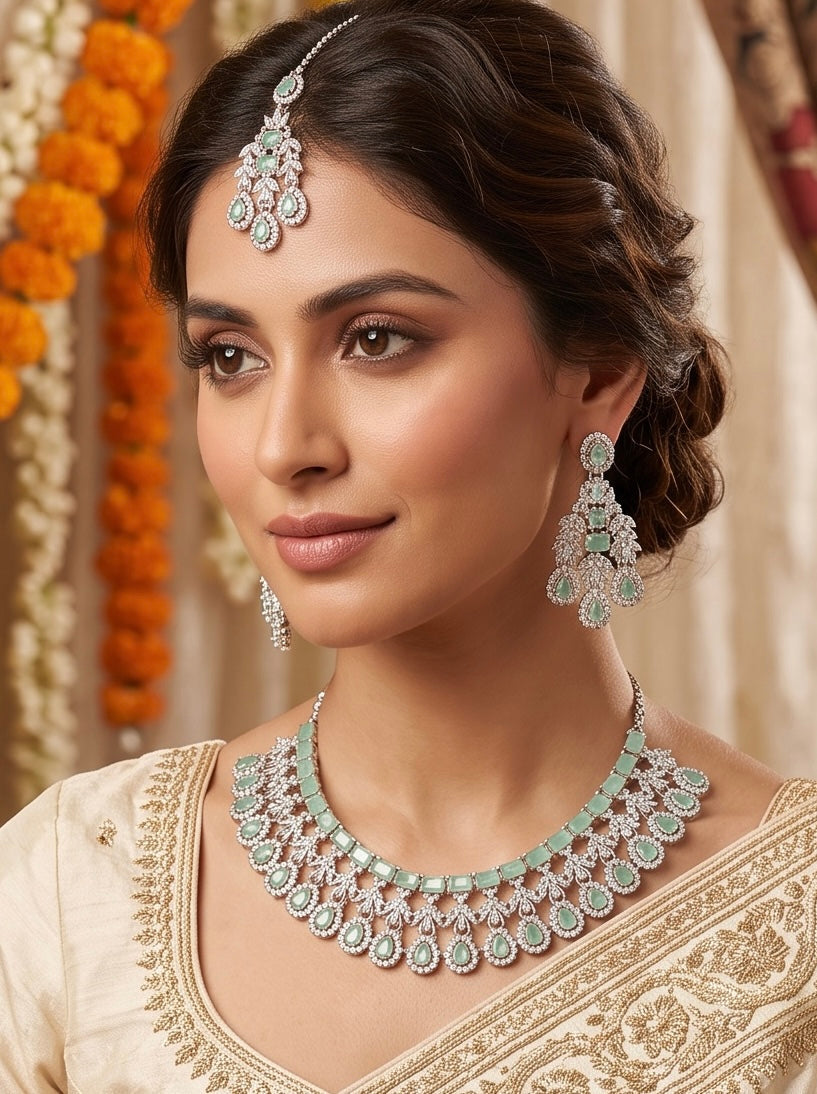 Silver-Tone AD Bridal Necklace Set with Earrings & Maang Tikka – 8 Colors