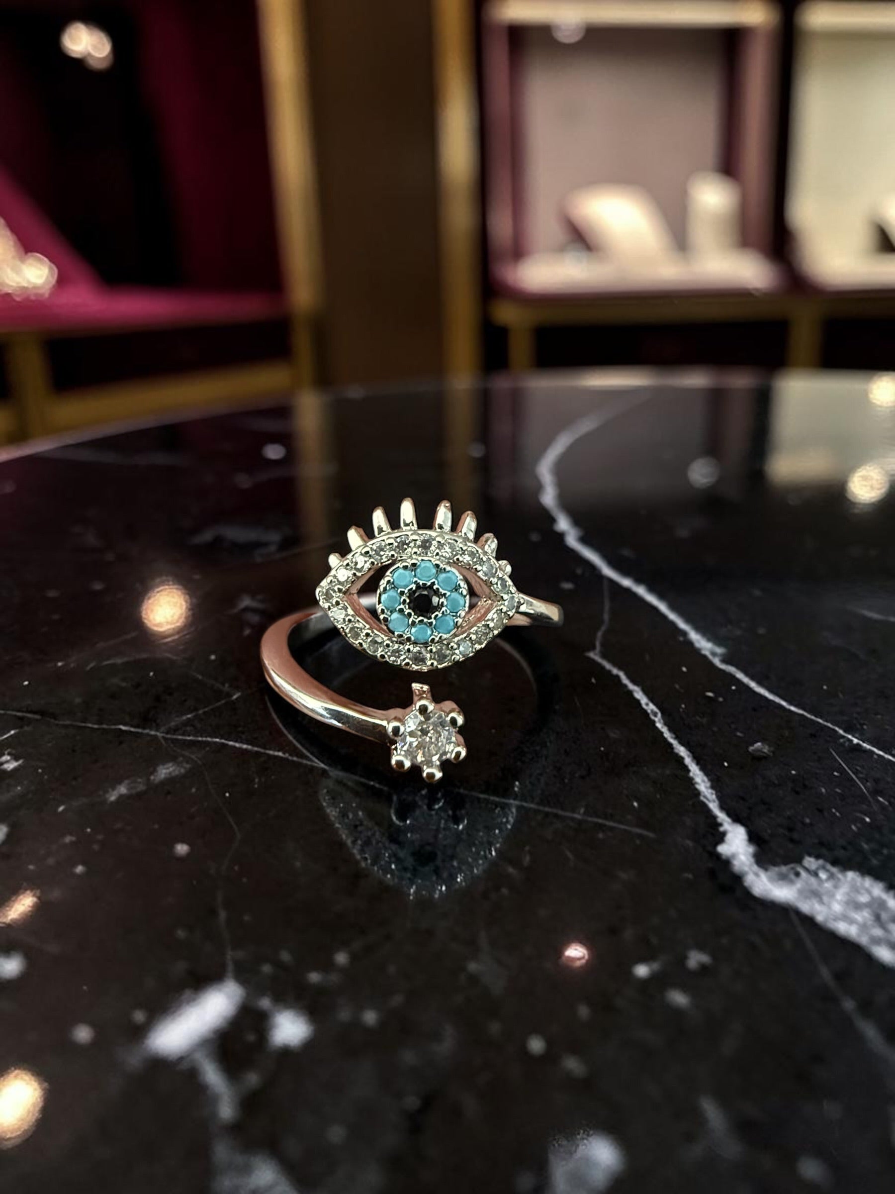 Silver-Tone Evil Eye Ring with Turquoise and Clear Stones