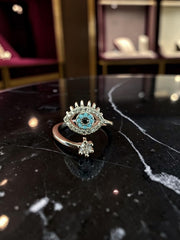 Silver-Tone Evil Eye Ring with Turquoise and Clear Stones