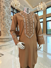 Medium Men’s Mocha Brown Hand Embroidered Afghan Parahan Tunban Set with Matching Shawl
