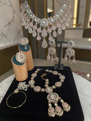 Blush Pink Kundan Half Bridal Jewelry Set – 6-Piece Necklace, Earrings, Sheeshphool, Nath & Adjustable Rings 6058