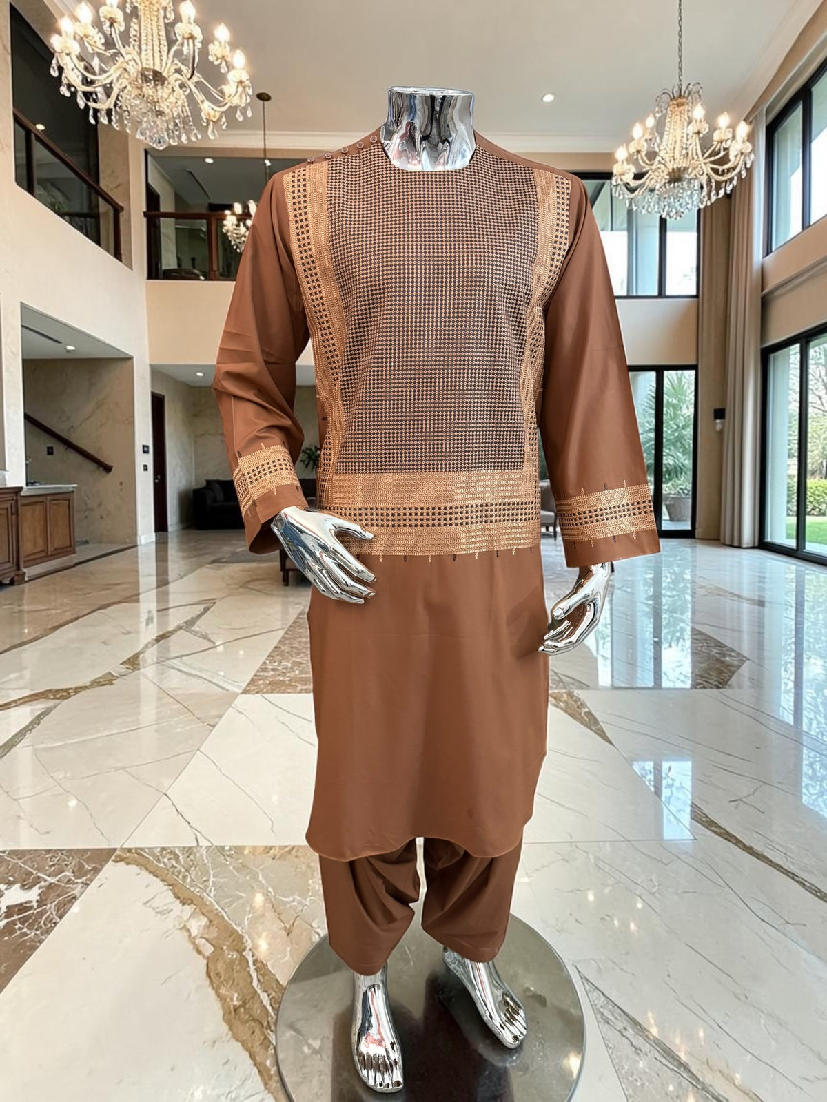 Medium Copper Brown Afghan Shalwar Kameez with Gold Embroidery | Premium Men’s Traditional Wear