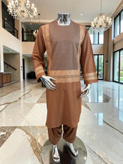 Medium Copper Brown Afghan Shalwar Kameez with Gold Embroidery | Premium Men’s Traditional Wear