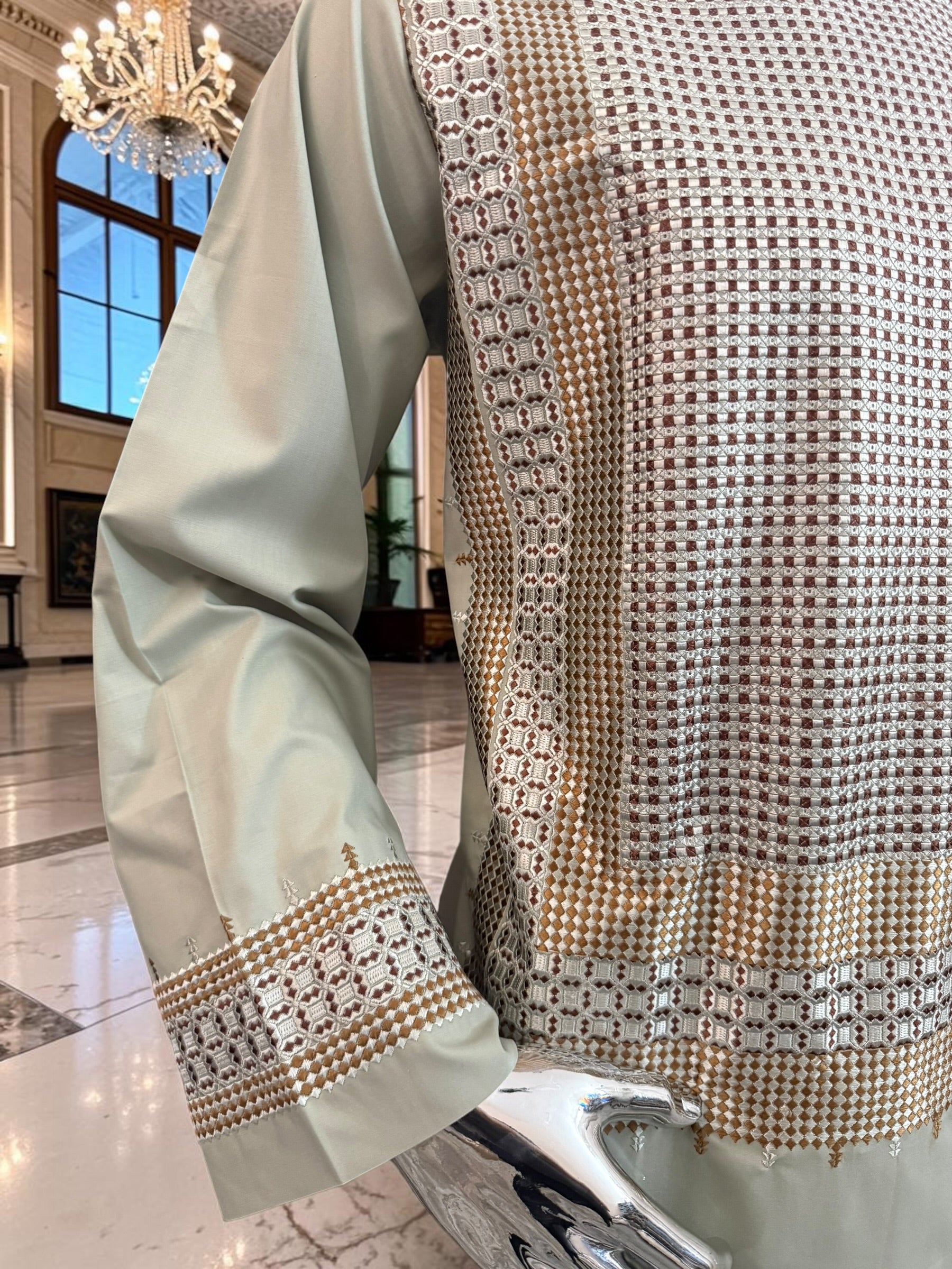 Large Sage Green Afghan Parahan Tunban with Gold and Brown Embroidery | Traditional Men’s Afghan Outfit