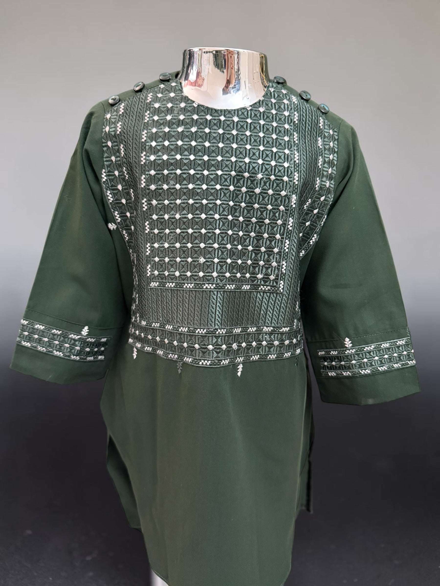 Traditional Afghan Clothing for Boys – Forest Green Embroidered Set Design 23