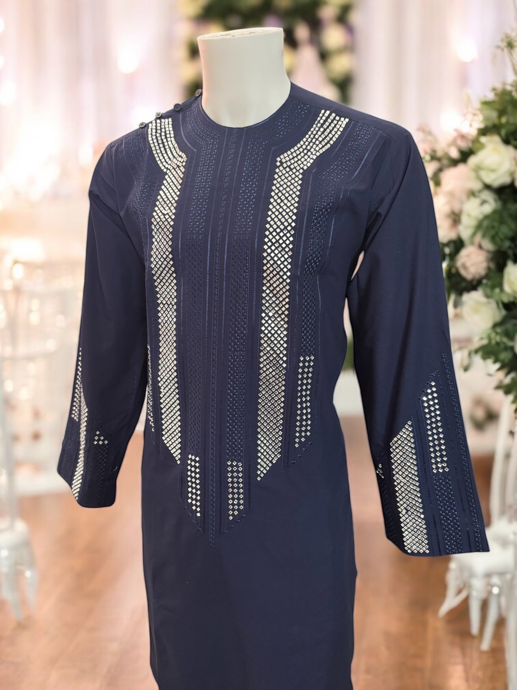 Afghan Parahan Tunban for Men Navy Blue Silver Shesha Mirror Embroidery Medium