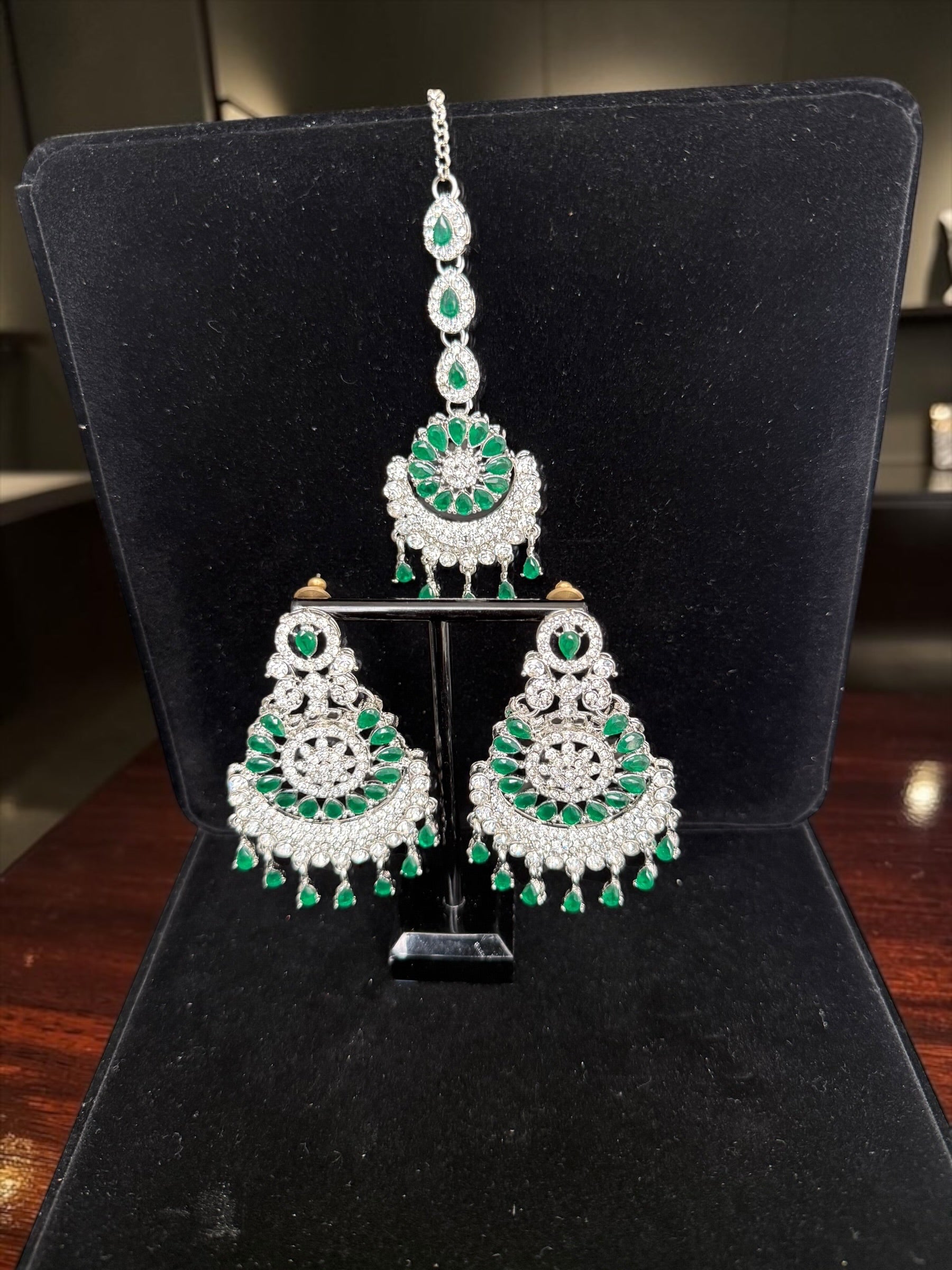 Indian Pakistani Afghan American Diamond Earrings with Maang Tikka Set | Bridal Chandbali Earrings | Wedding Jewelry Gift | 6 Color Options