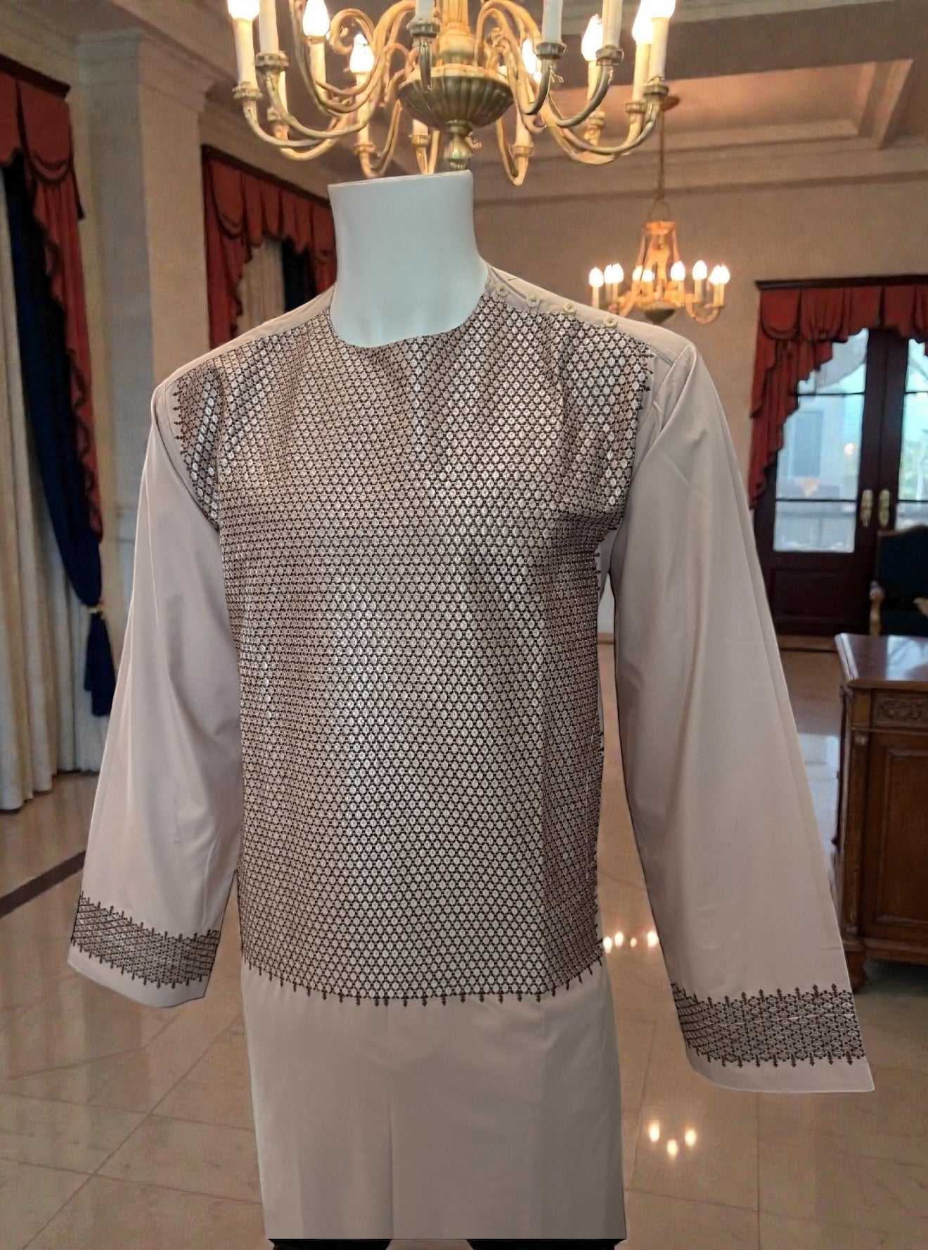 Medium Rose Afghan Parahan Tunban for Men with Machine Embroidery