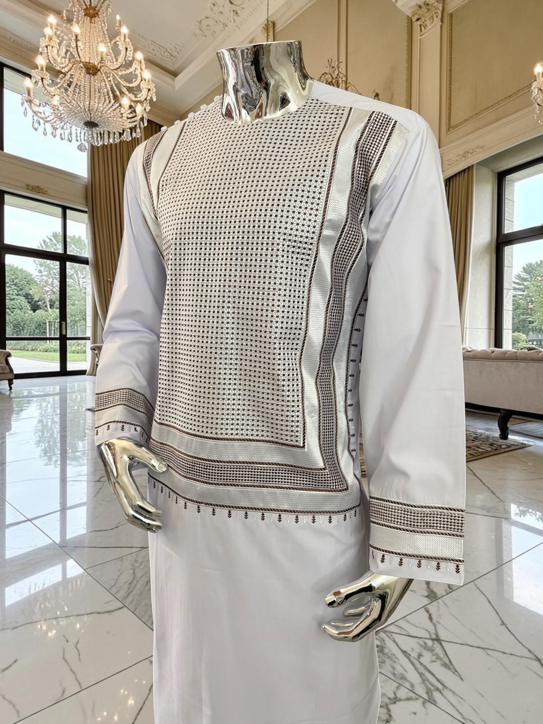 Large Premium White Parahan Tunban Set with Brown Machine Embroidery Pattu/Chadder