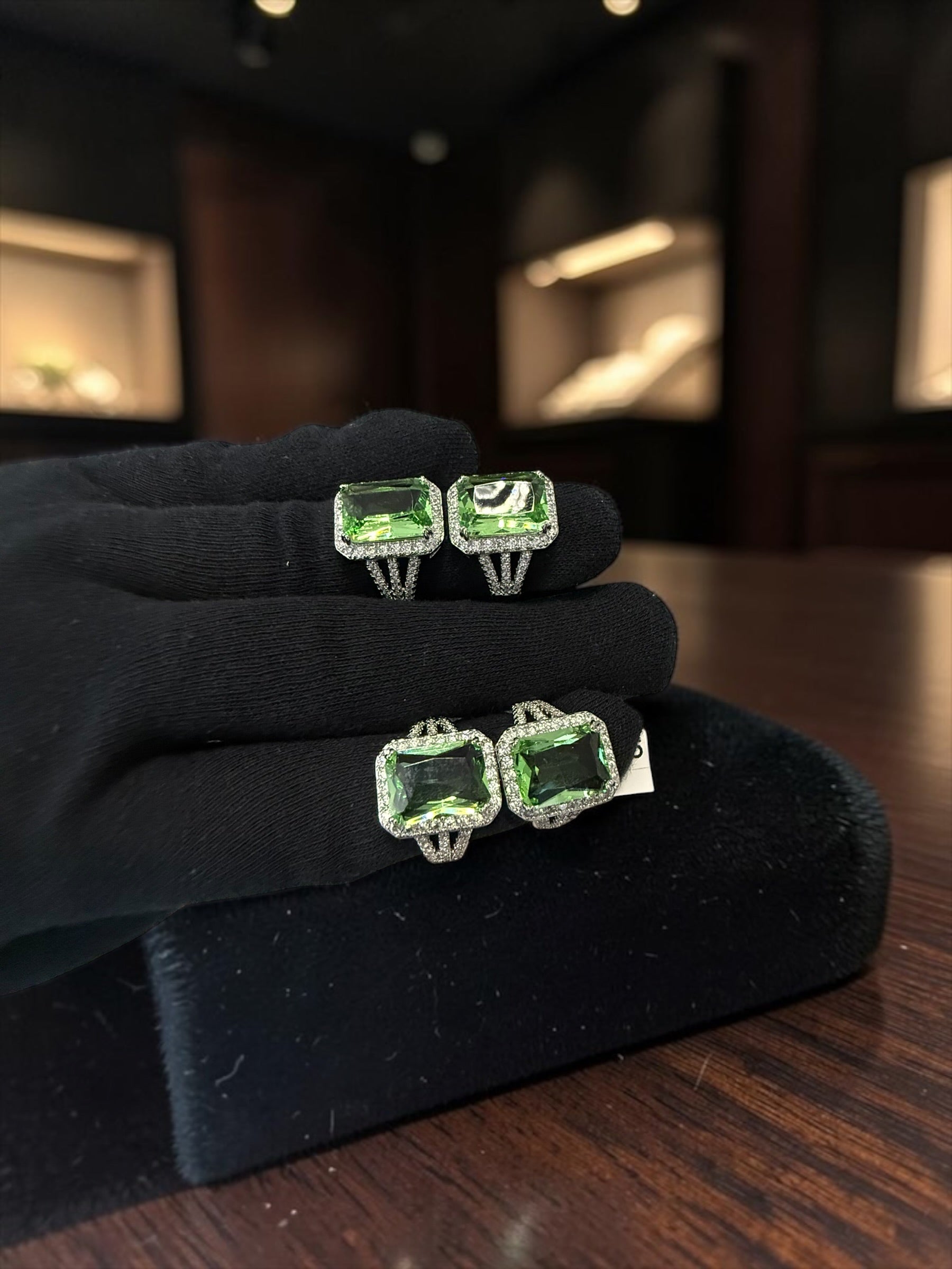 Green Crystal Statement Ring for Women – Silver Plated Halo Cocktail Ring with Split Band GR13
