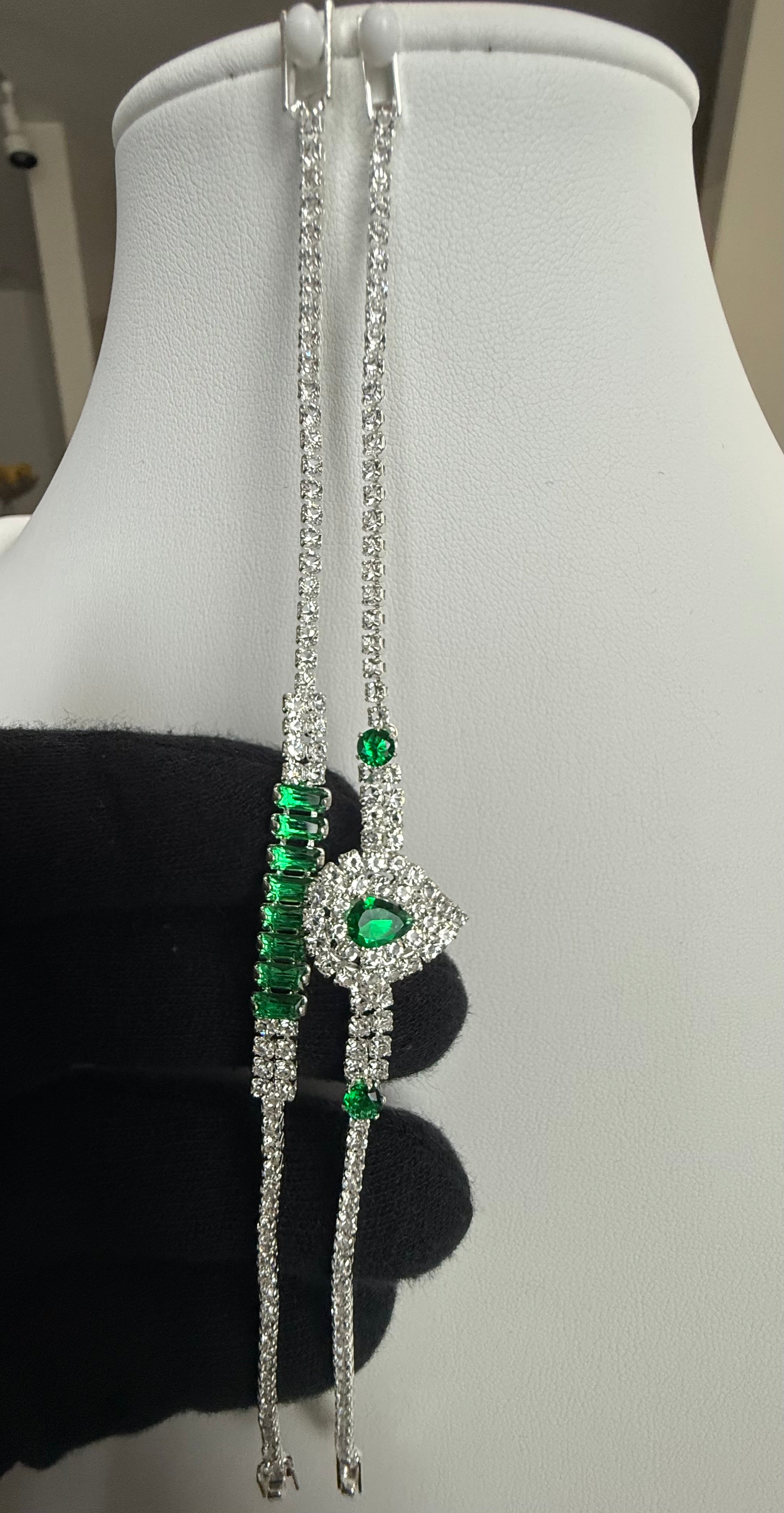 Emerald Green Crystal Double Bracelet Set – Silver Tone Pear & Baguette Statement Bracelets 7106