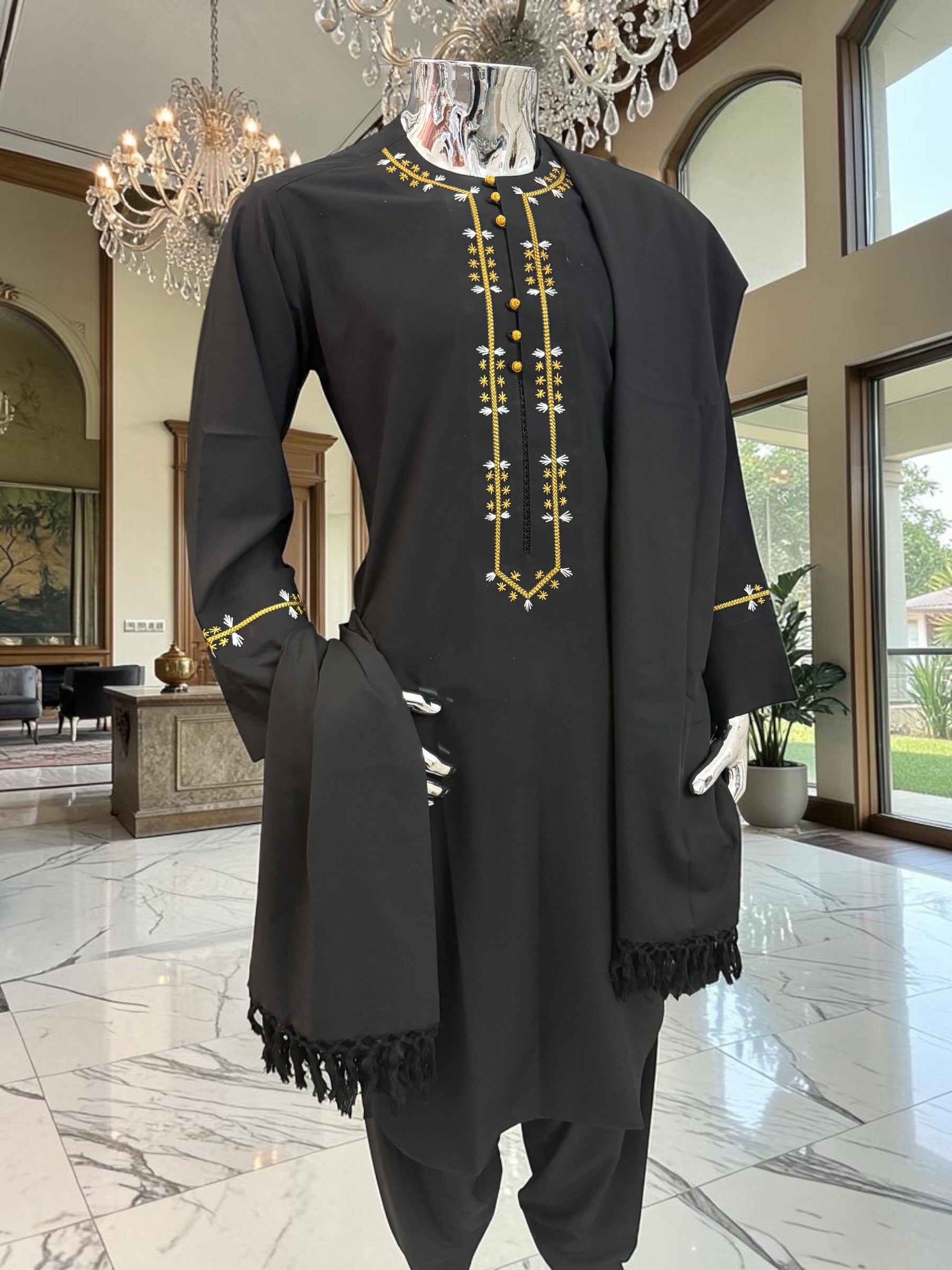Premium Black Patto / Chadder Shawl – Traditional Afghan Style Fringe Scarf Only