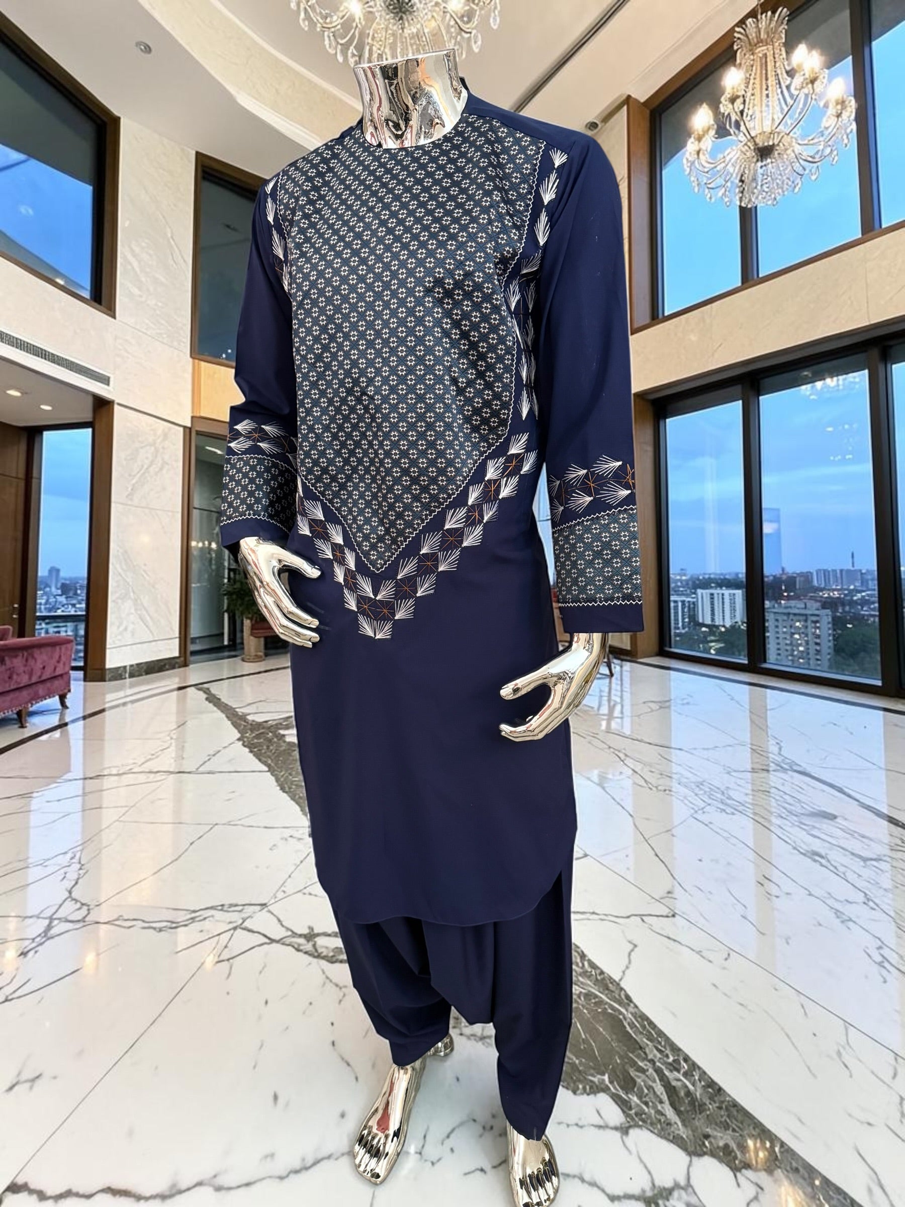 Medium Midnight Navy Hand Embroidered Afghan Parahan Tunban Set with Matching Chadder
