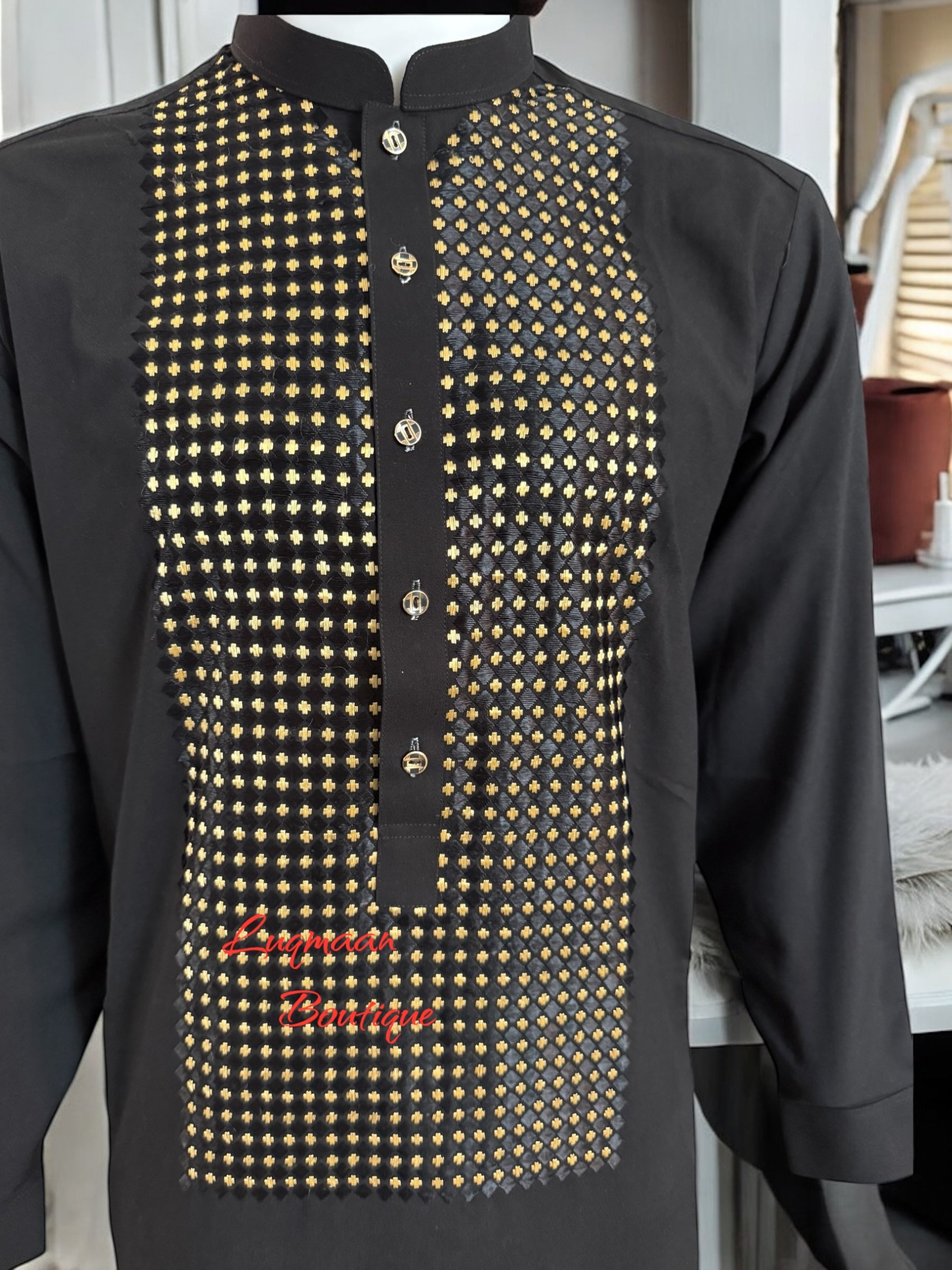 Men’s Black Parahan Tumban with Gold Hand Khamak Embroidery – Luxury Traditional Afghan Outfit, Medium